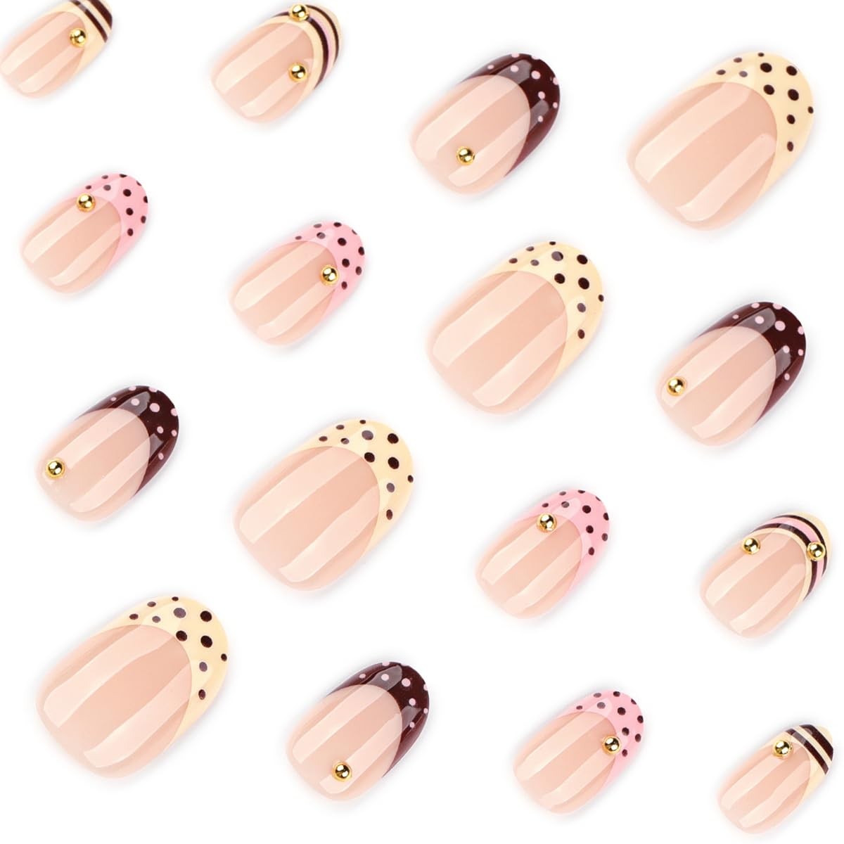 SYPAFG Short Oval French Tip Press on Nails – Polka Dot, Stripe and Gold Bead…