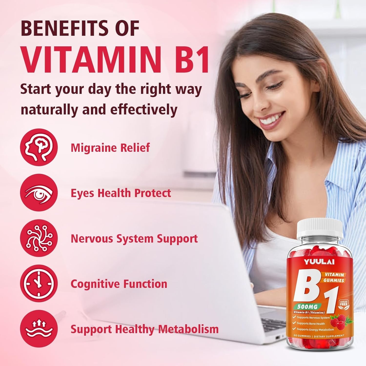 Vitamin B1 Gummies 500mg for Adults & Kids, Thiamine B1 Supplement with Magnesiu