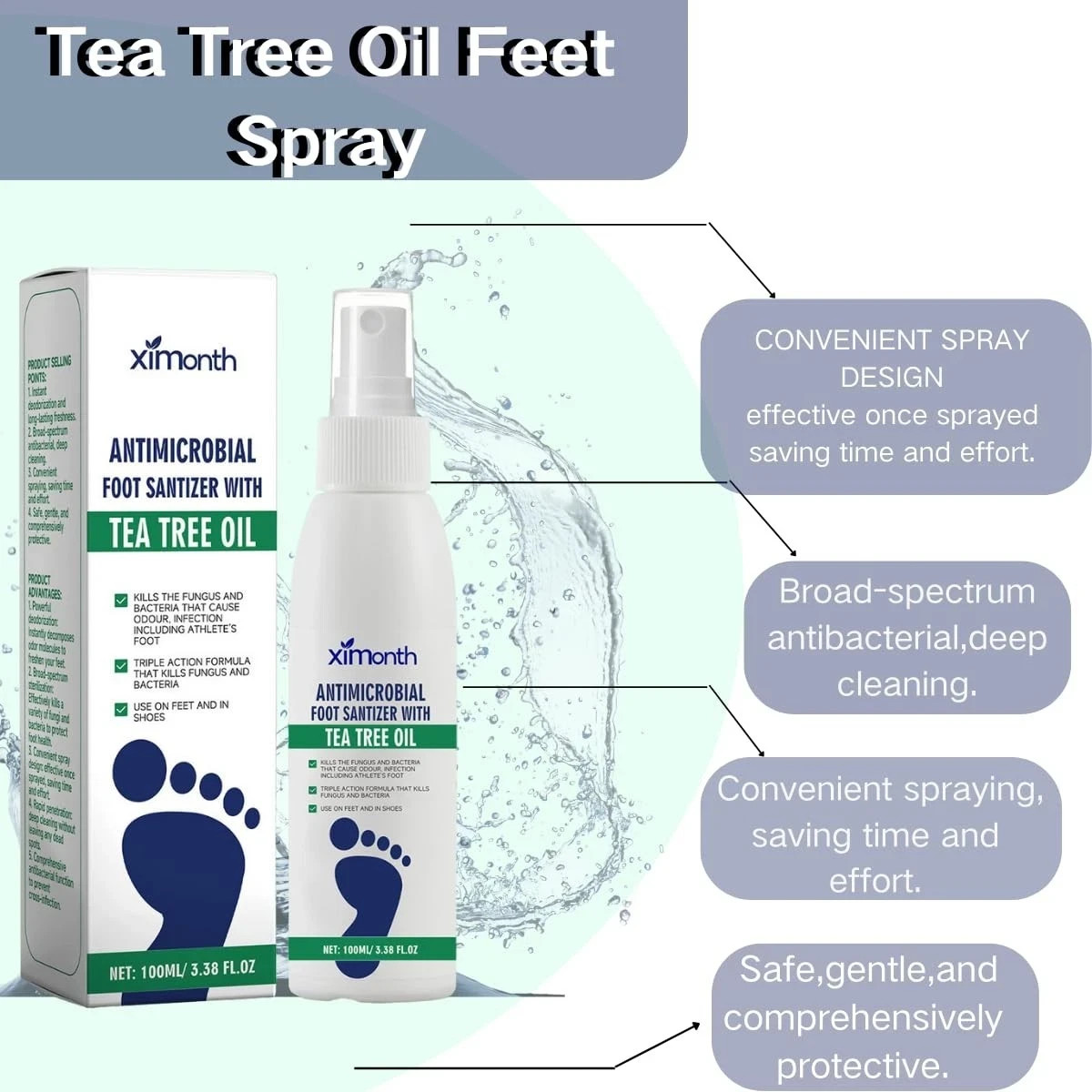 Tea Tree Oil Foot Sanitizer Spray, Foot Odor Care Spray for Feet Shoes Socks
