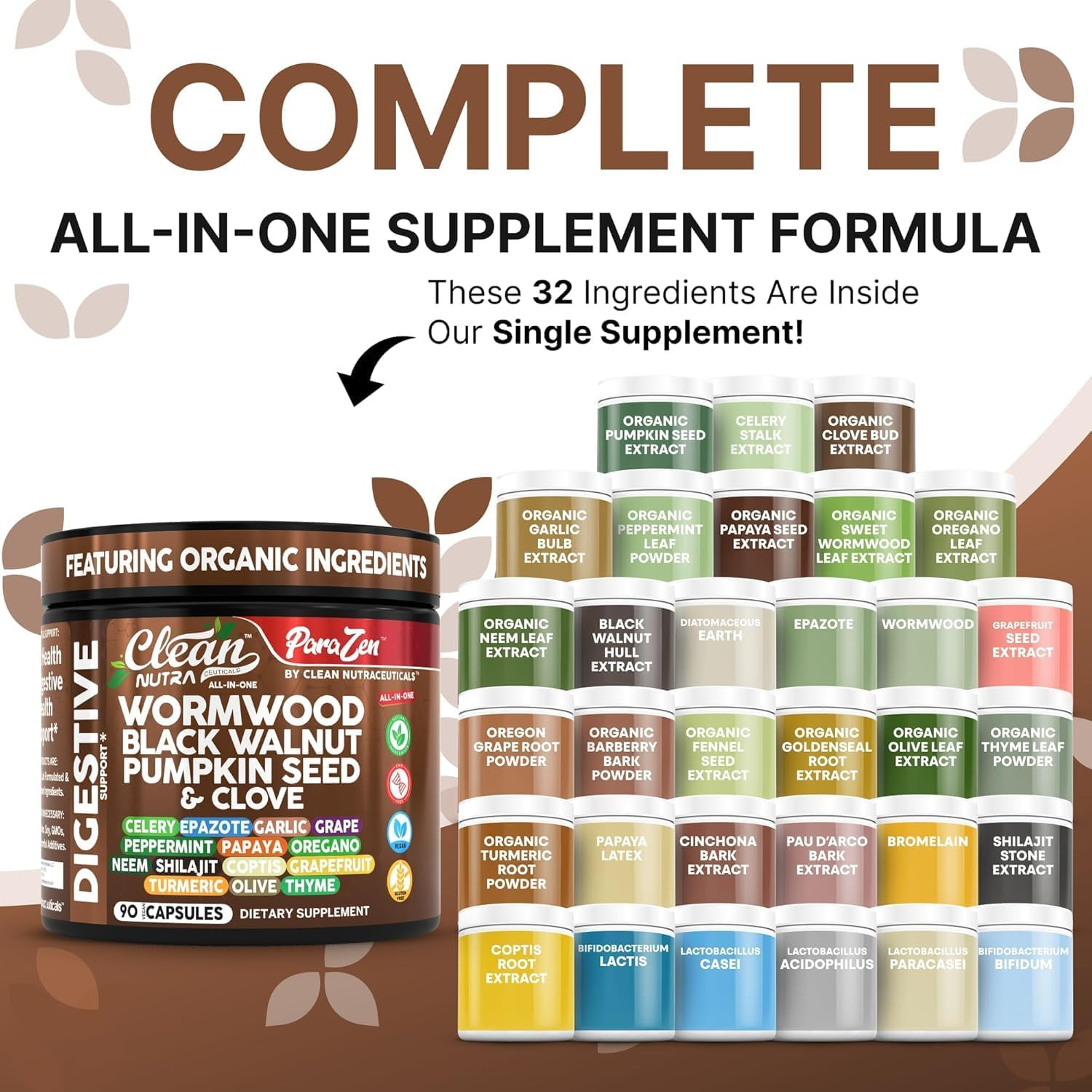 Clean Nutra Wormwood Black Walnut Pumpkin Seed Clove Oil Celery Garlic Grape Pap