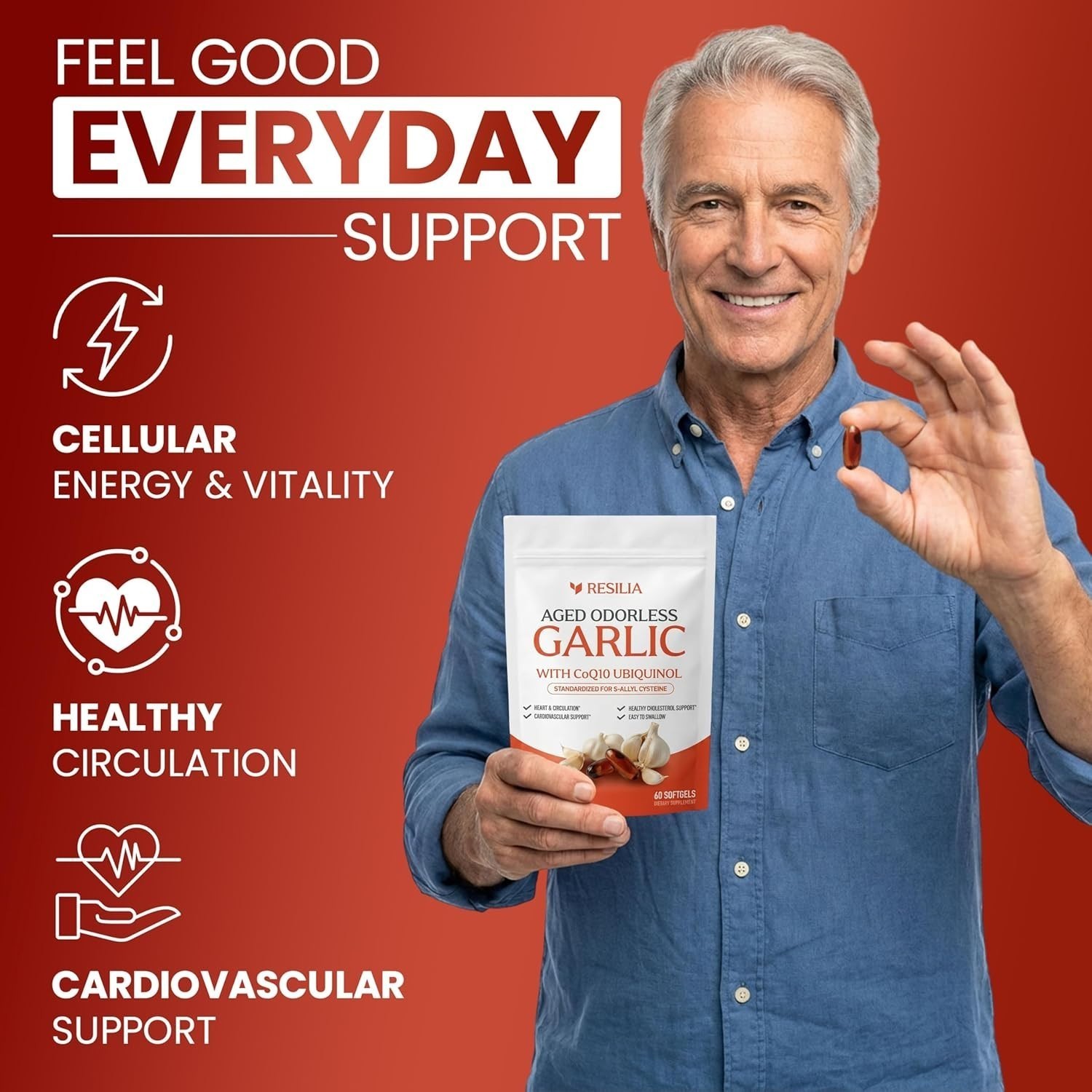3x Resilia Garlic Extract 1200mg Softgels– Odorless Aged Garlic Extra..