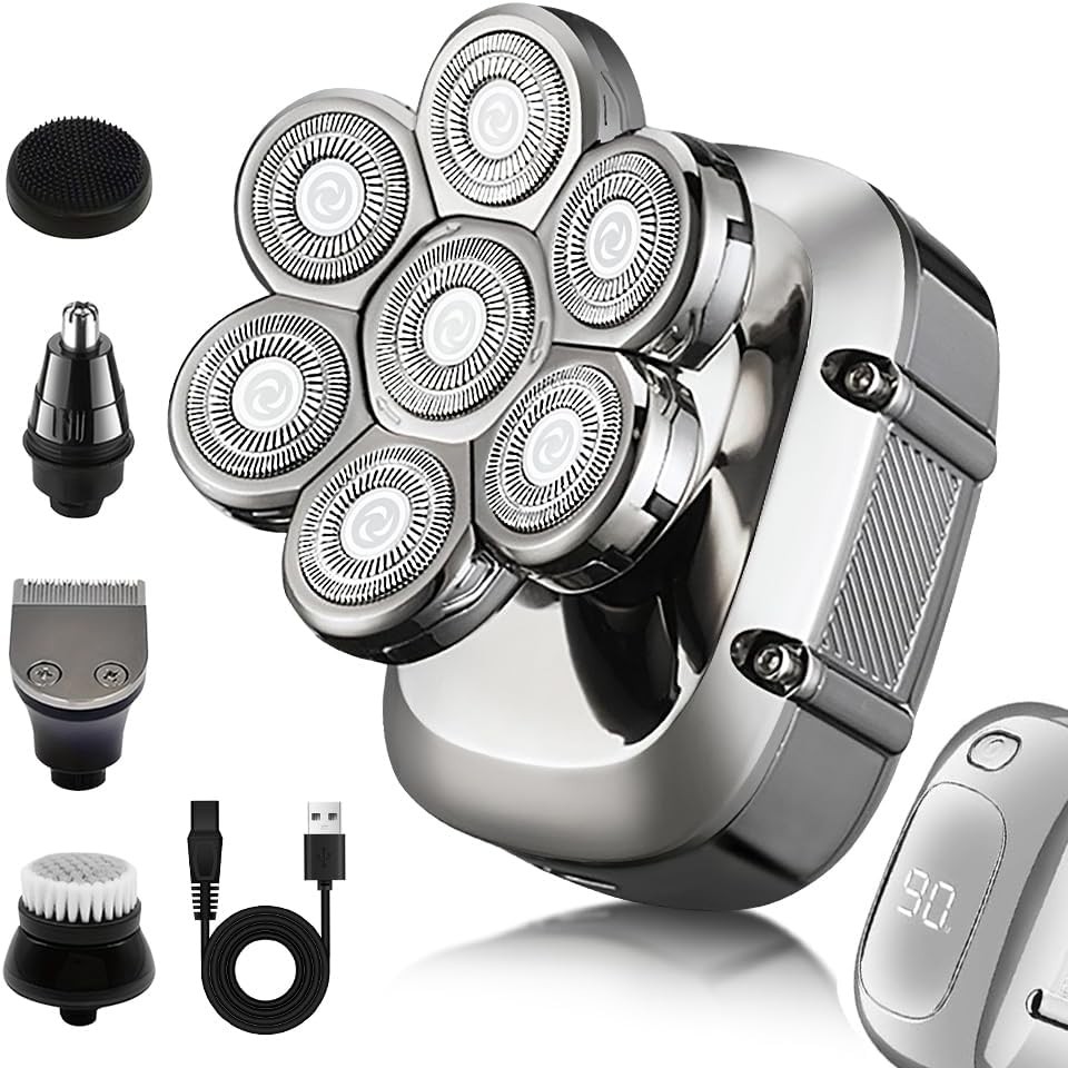 7D Head Shaver for Men, 5-in-1 Wet/Dry Electric Rotary Razor Kit