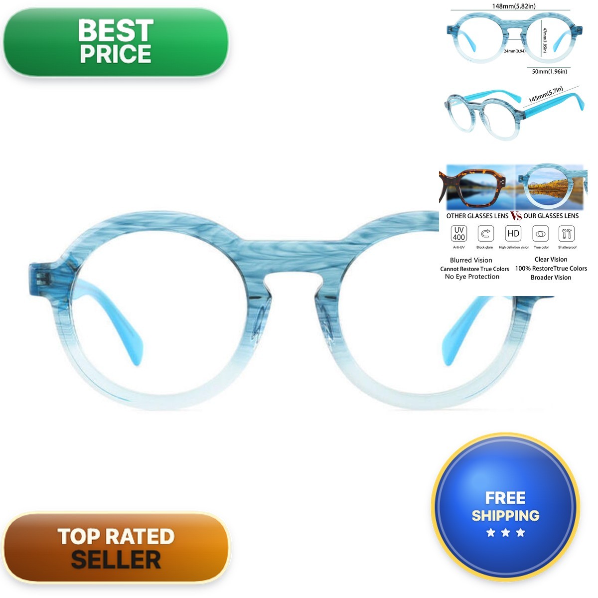 Aoolia Round Vintage Reading Glasses Mini Reader Blue White Computer Clear