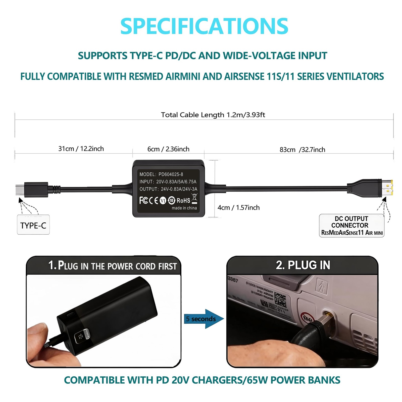 USB C PD Power Cable for ResMed AirSense 11 AirMini 65W Battery Backup