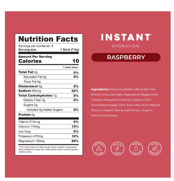Instant Hydration Sugar Free Electrolyte Powder, Raspberry, 6 Sticks