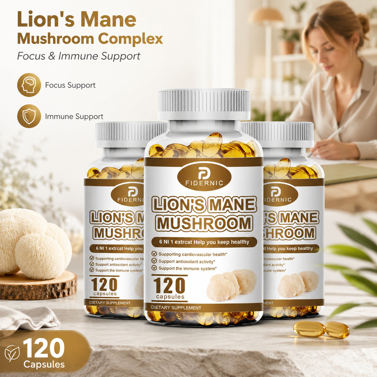 1-3Bottles Lion’s Mane Mushroom Complex 120 Capsules Focus & Immune Support