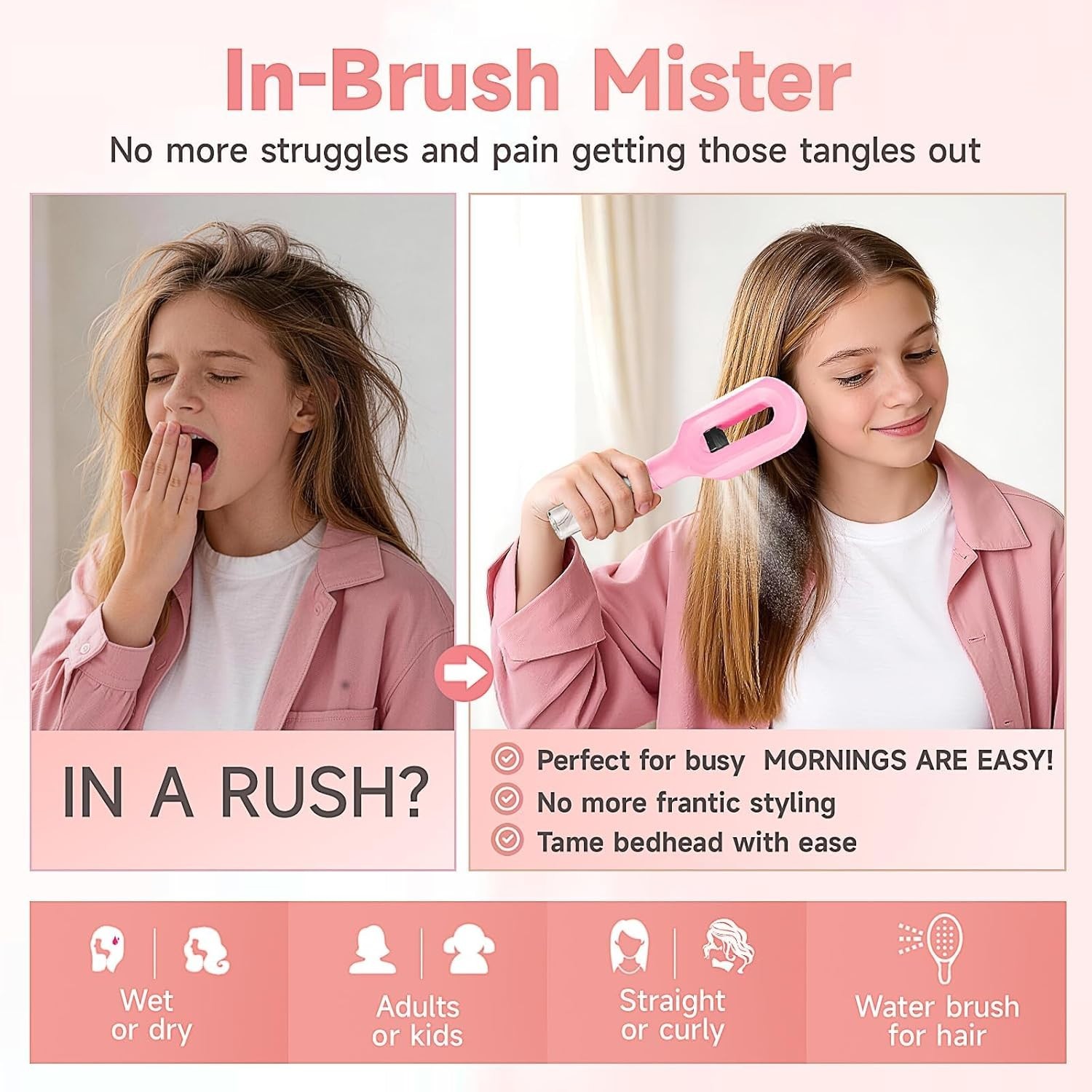2 in 1 Hair Brush with Water Spray Bottle Detangling Styling Brush Portable