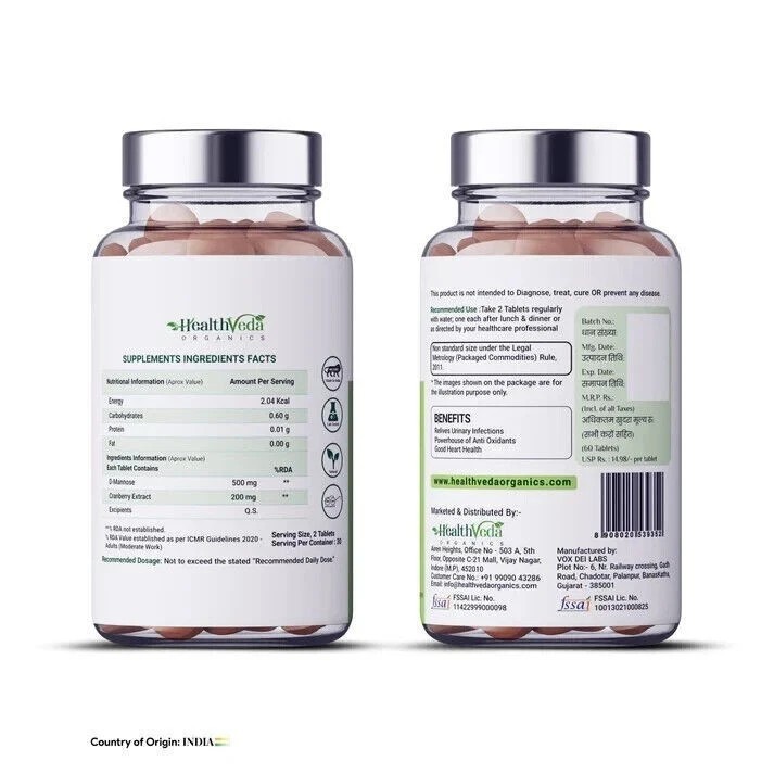 Health Veda Organics D-Mannose 500 mg + Cranberry Extract 200 mg 60 Veg Tablets
