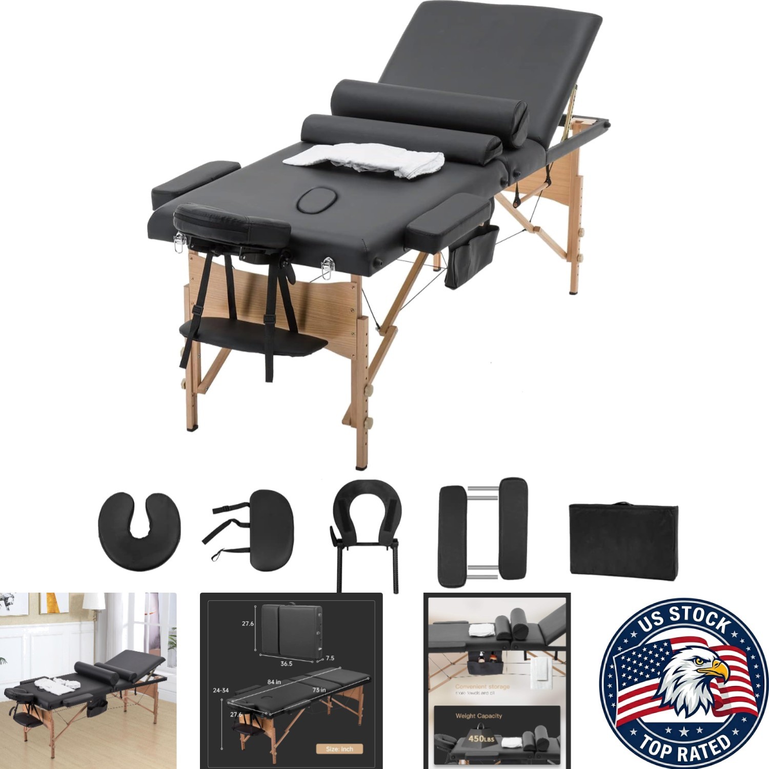 Luxury Portable 3 Folding Massage Bed – 28″ Wide with Oil Pouch & Towel Hanger