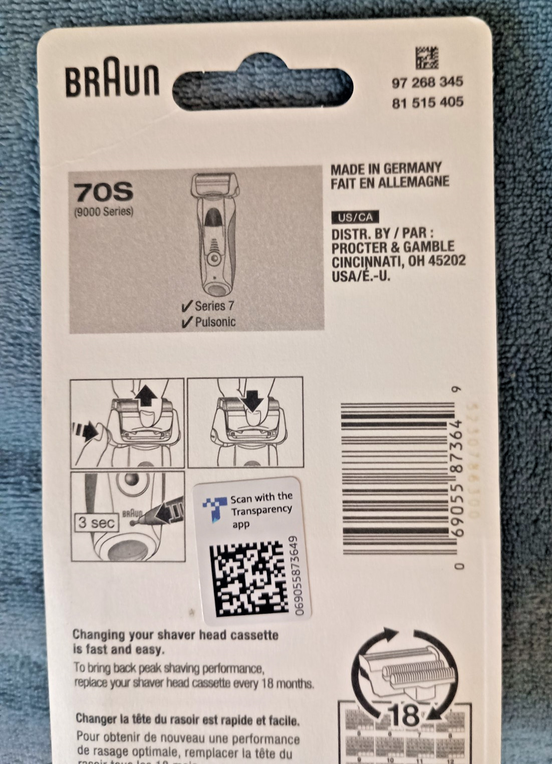 2 PACK Braun Series 7 70S Replacement Head Cassette Silver Pulsonic 9000 Series
