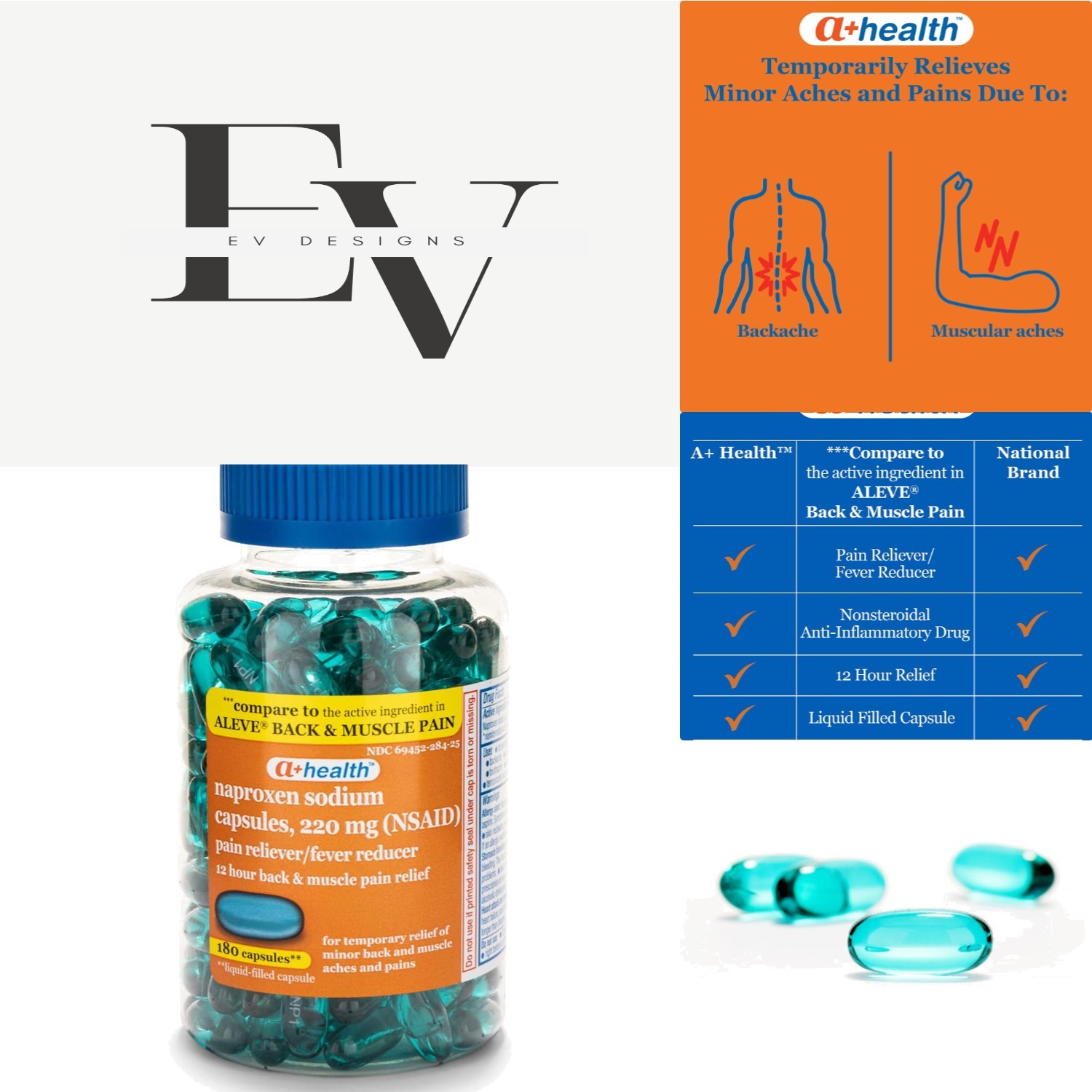 Pain Relief Naproxen Sodium Liquid-Filled Capsules – 180 Count, Easy to Swallow