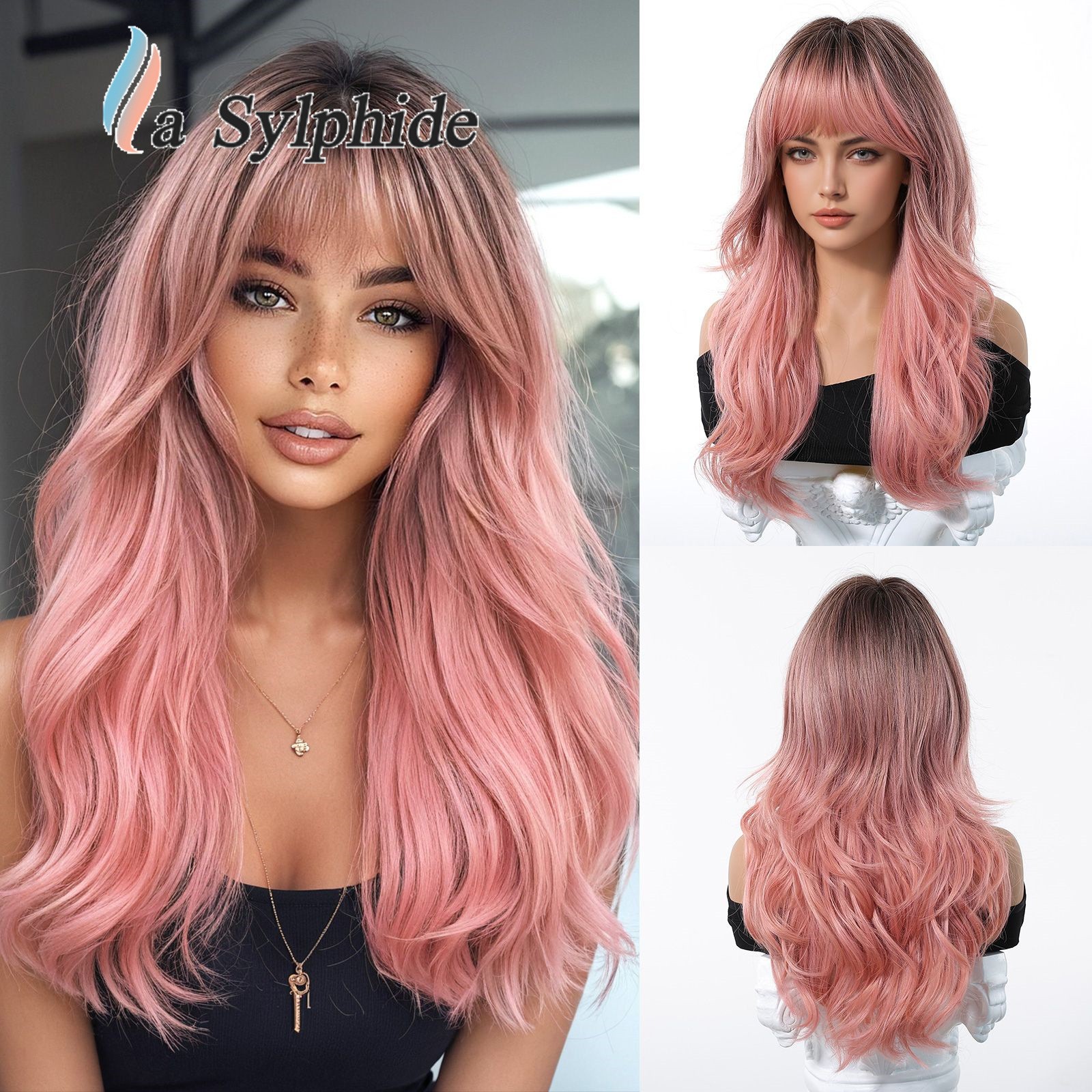 Brown to Golden Ombre Long Curly Wig With Side Bangs Rose Net Synthetic Full Wig