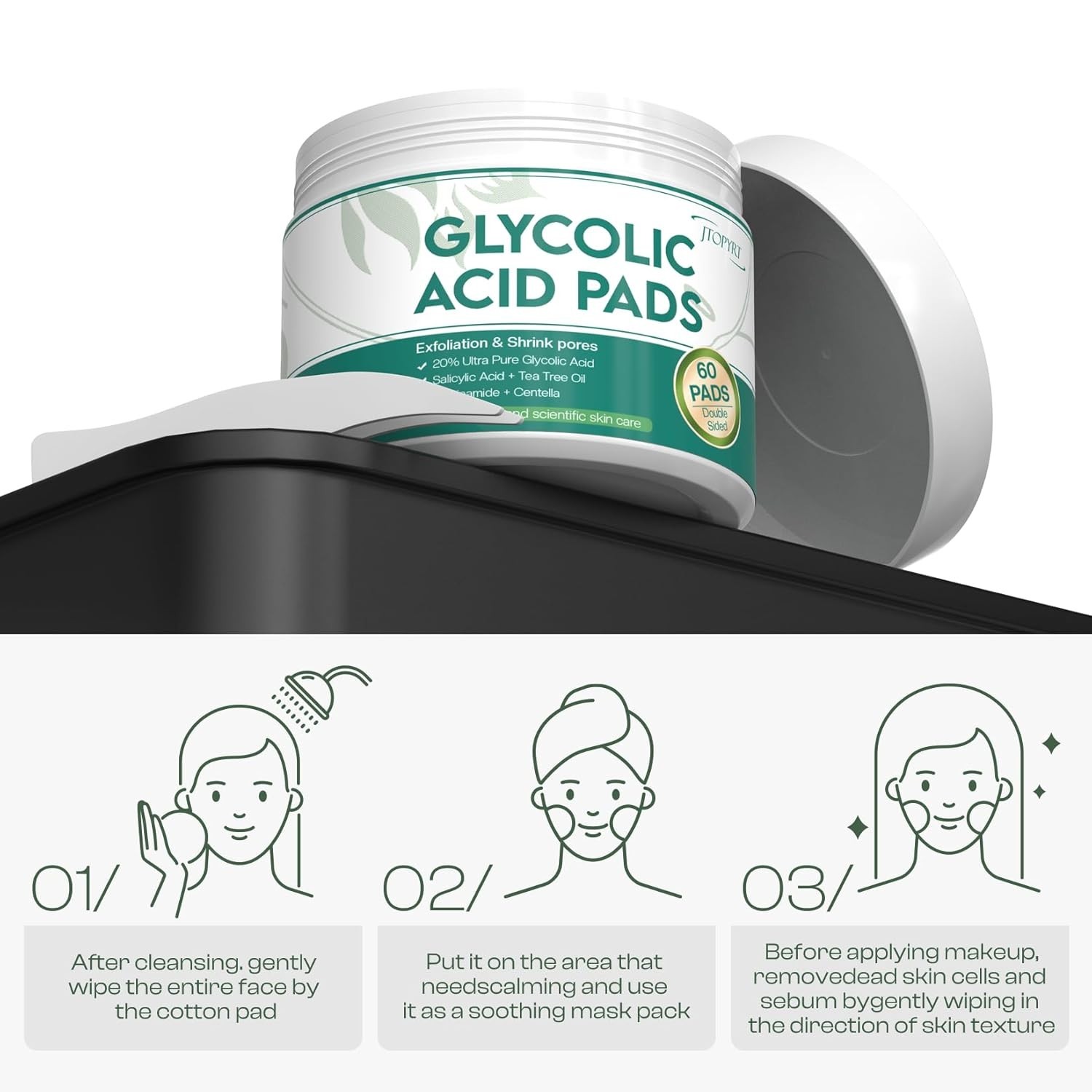 Glycolic Acid Pads 20%: Dual Sided Exfoliating Face 60 Count (Pack of 1)