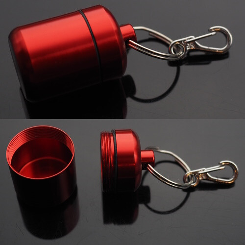 2 PCS Waterproof 1″ Wide Pill Capsule Bottle Keychain & Clip – Silver & Red
