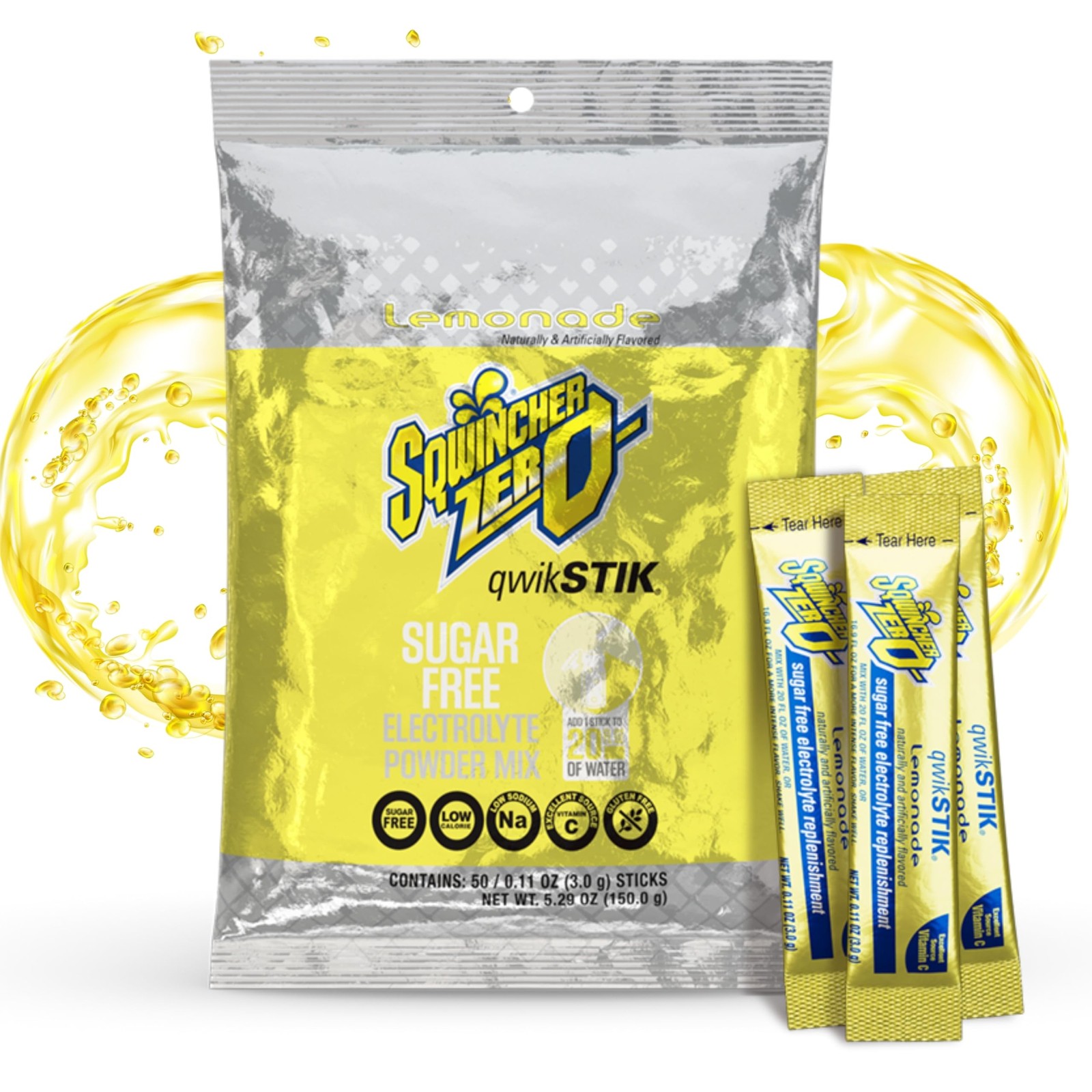 Sqwincher Zero Qwik Stik, Lemonade, Sugar 0.11 Ounce (Pack of 50), Yellow