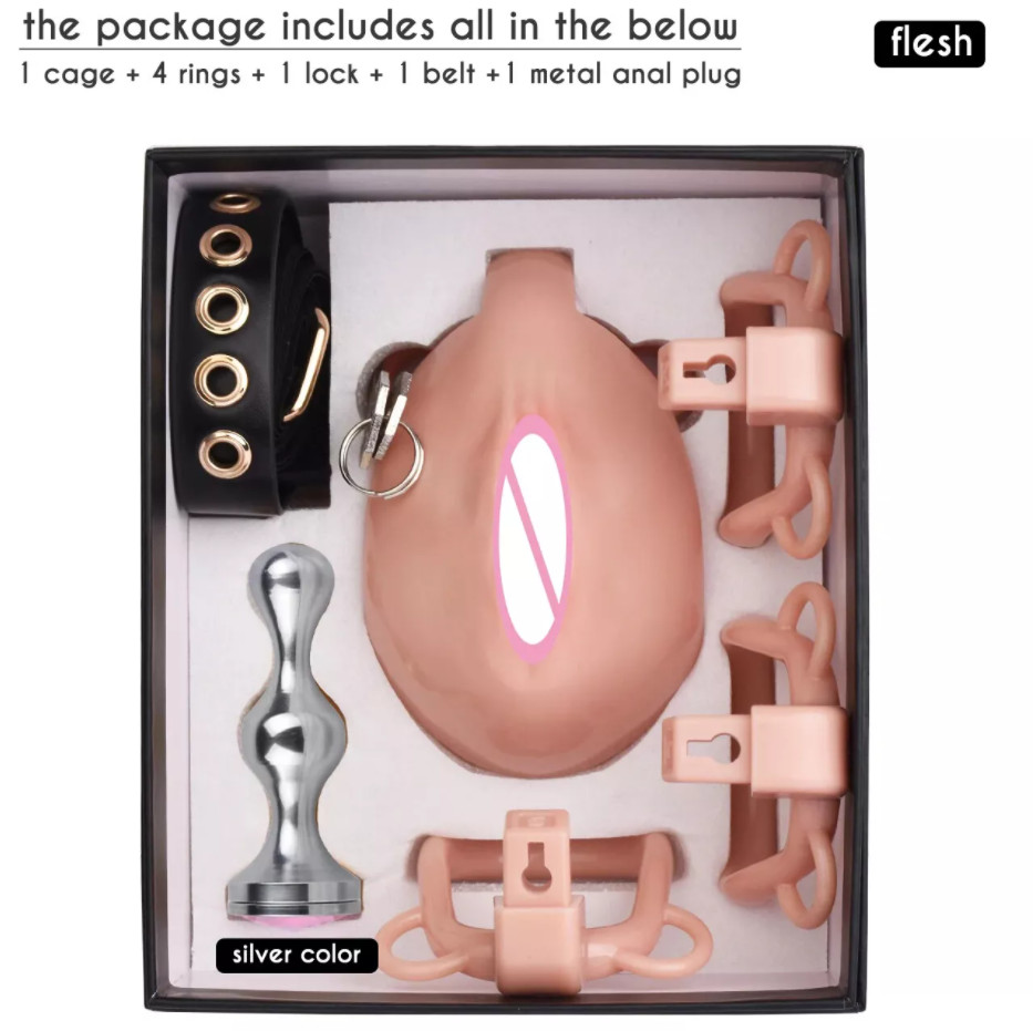 4 Colors ABS Fully Male Chastity Cage Device Pussy Hole with 4 Rings Lock Belt
