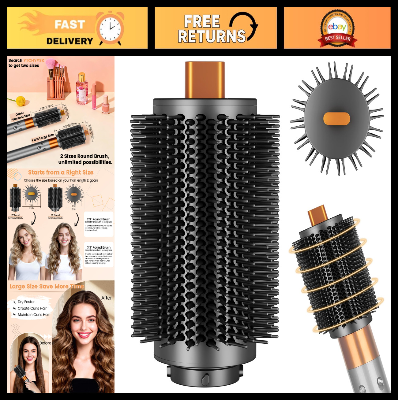Large Round Volumizing Brush Attachment for Dyson Airwrap – Fast Dry, Big Curls,