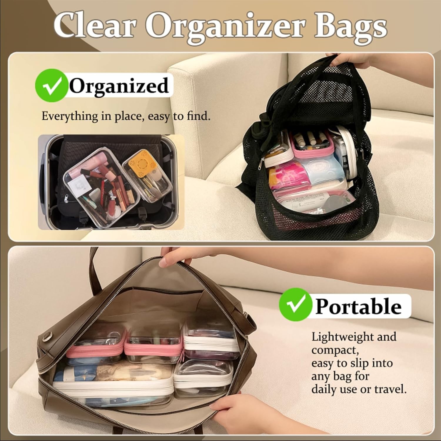 4 Pcs Clear Hard Shell Zipper Pouches Travel Organizer Toiletry Cosmetic Bag Set