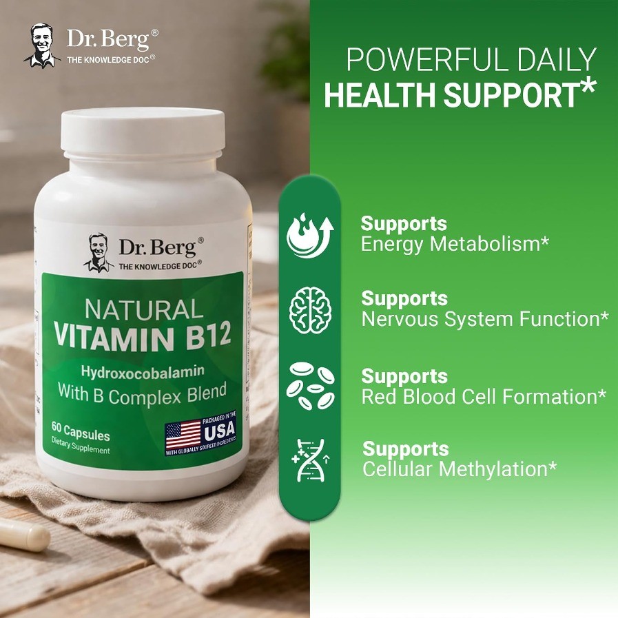 New Dr. Berg Natural Vitamin B12 1000 mcg (Hydroxocobalamin) 60 Capsules