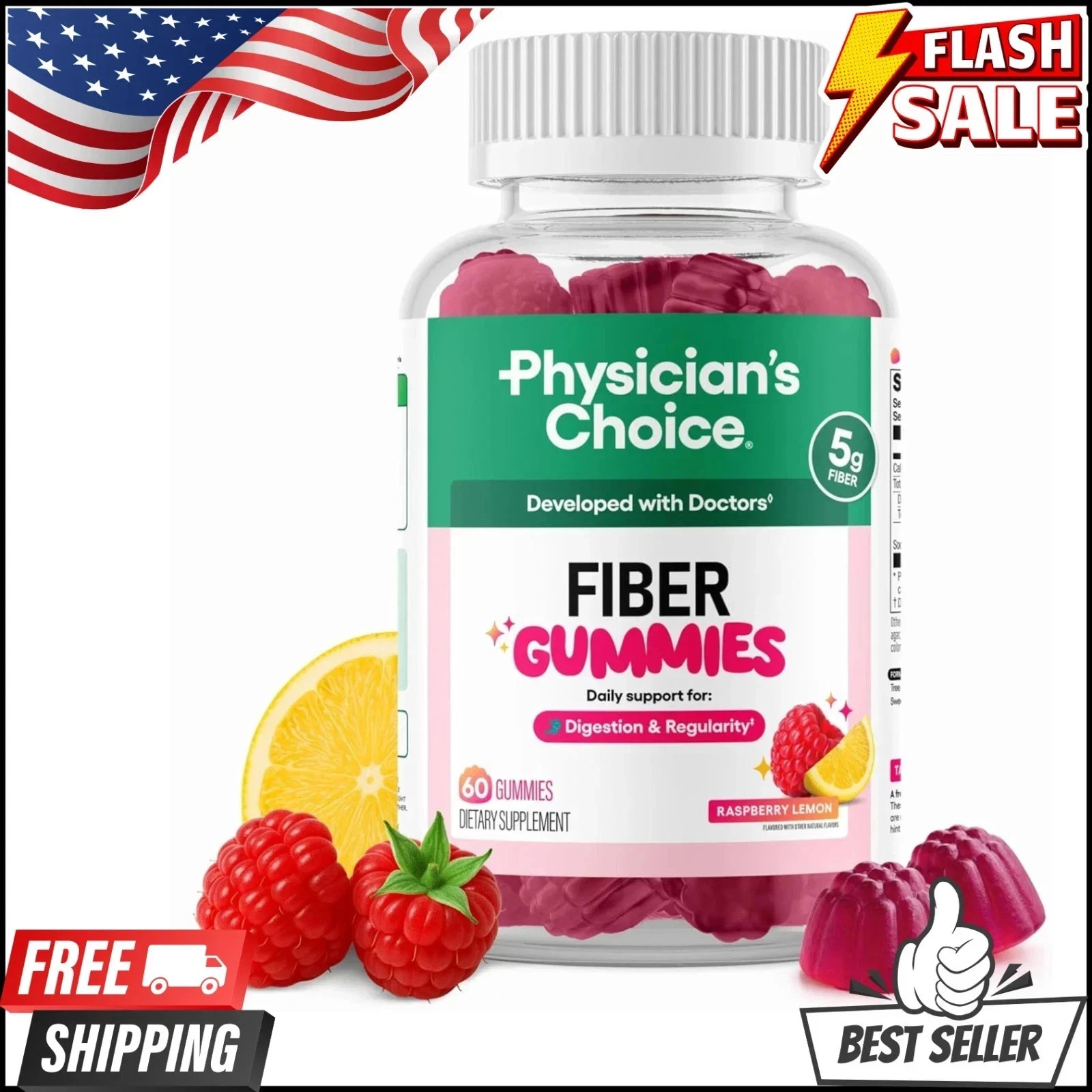 3 BOTTLES Physician’s Choice Fiber Gummies: Digestive Health & Regularity