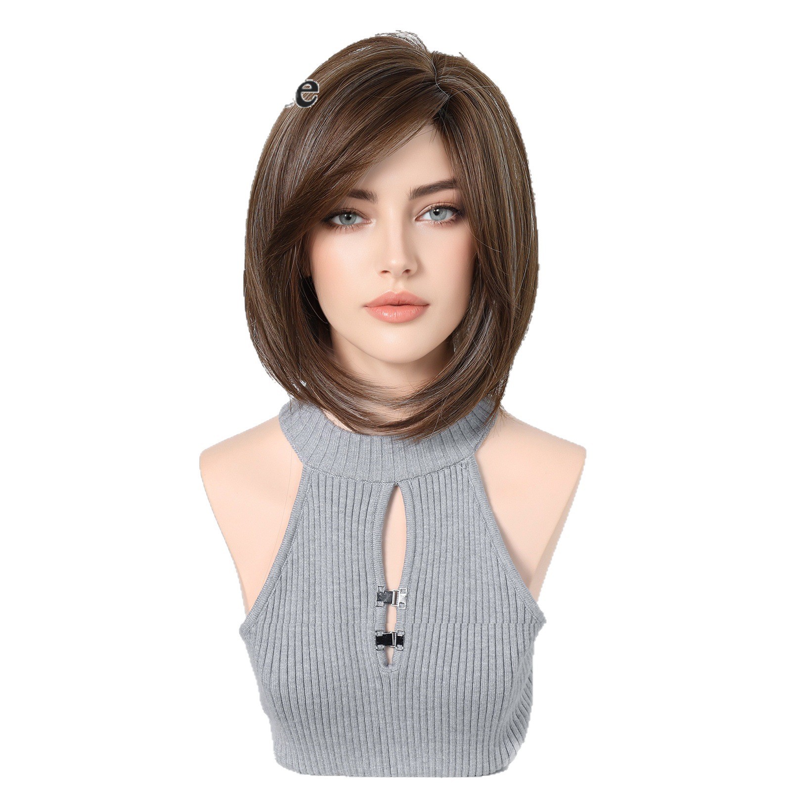 Brown Highlight Clavicle BOB Short Straight Wig Side Bang Rose Net Breathable