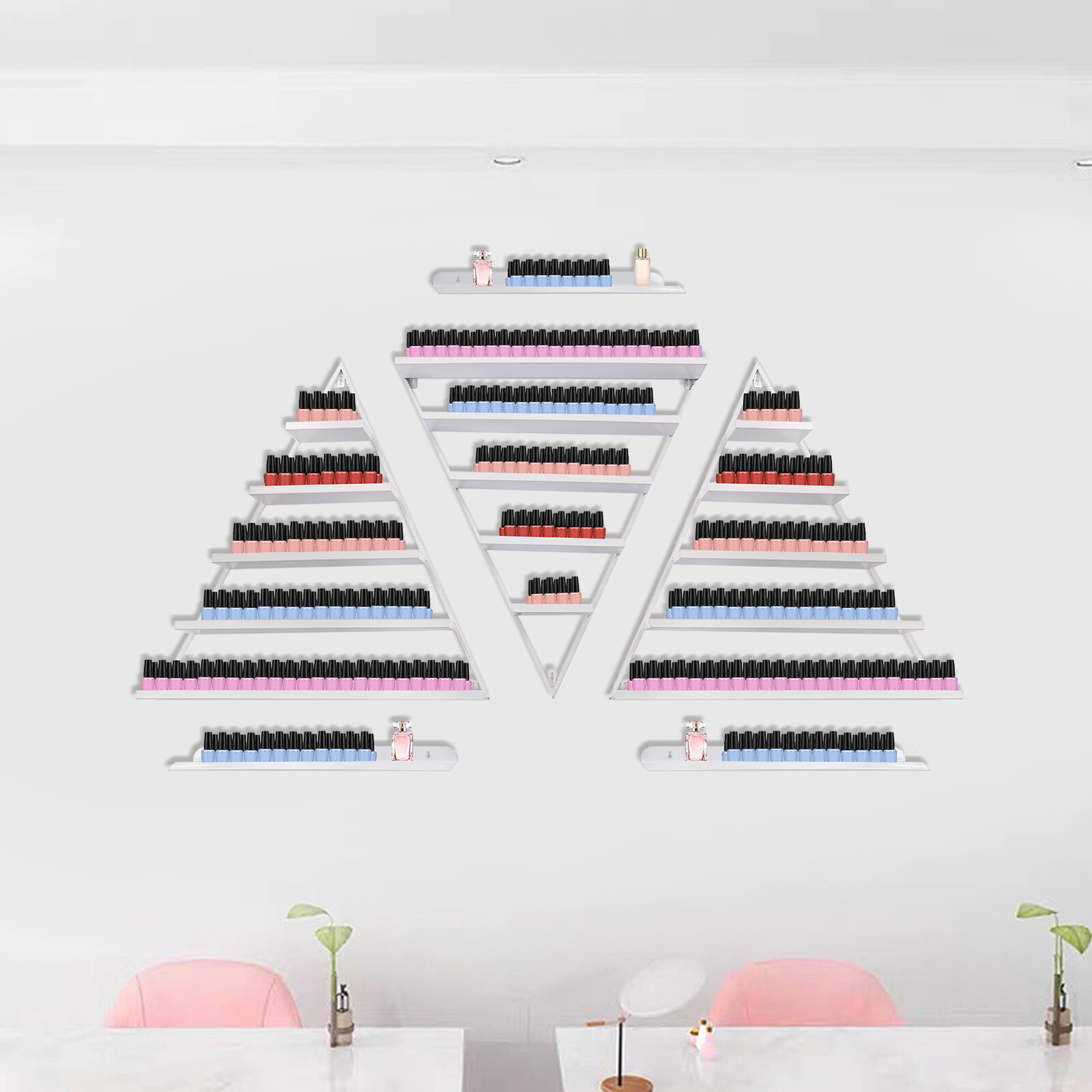 5 Tier Wall-Mounted Metal Nail Polish Display Rack Triangular Floating Shelves