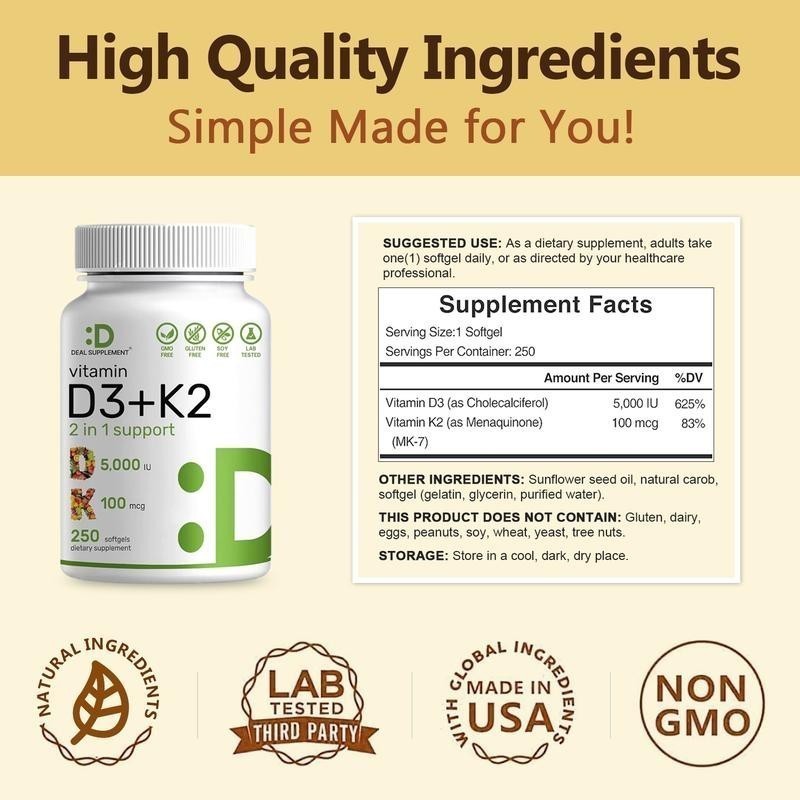 NEW Vitamin D3 5000 IU with K2 MK7 250 Veggie Softgels Bone Immune Support