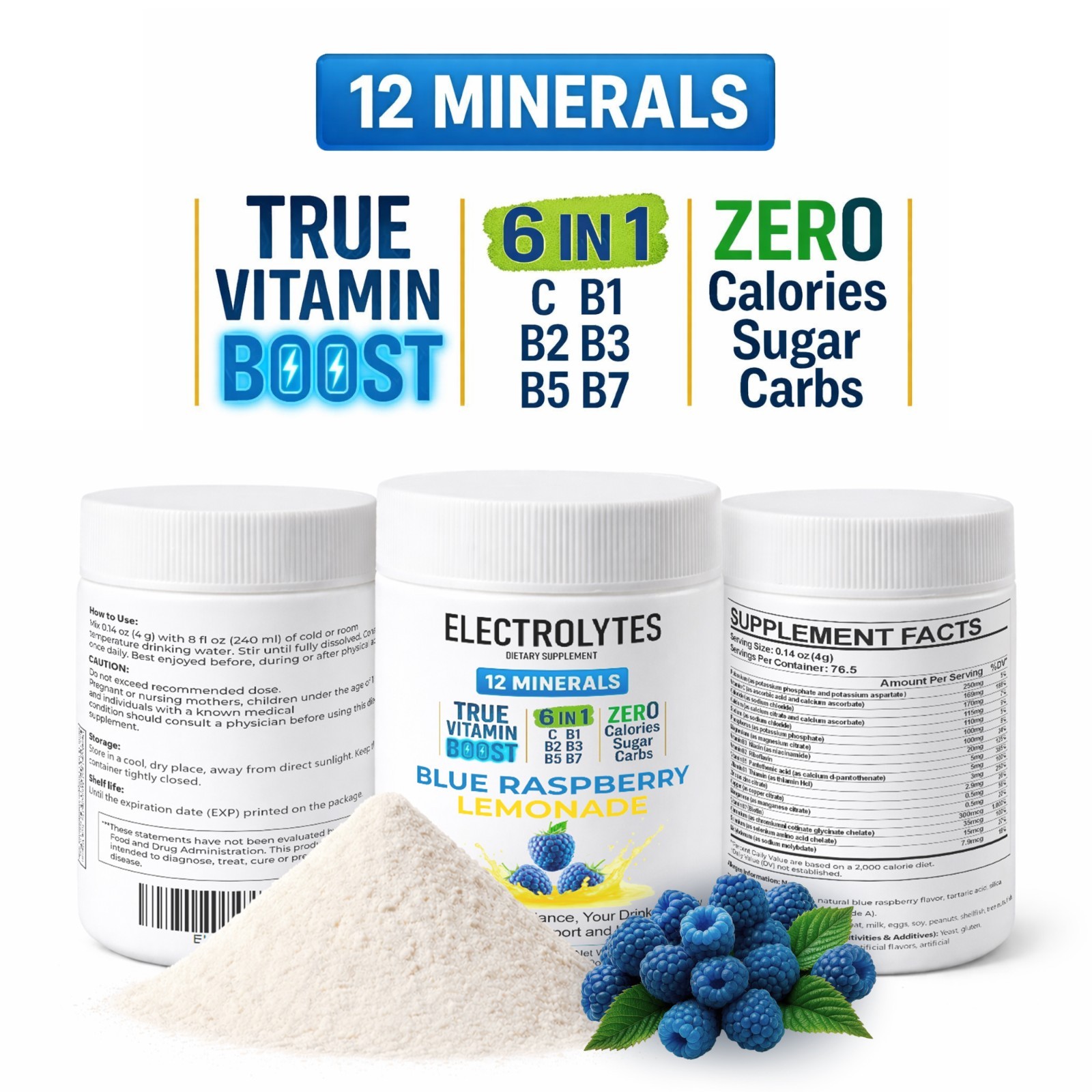 Electrolyte Complex Hydration Powder | 12 Minerals + 6 Vitamins | Blue Raspberry
