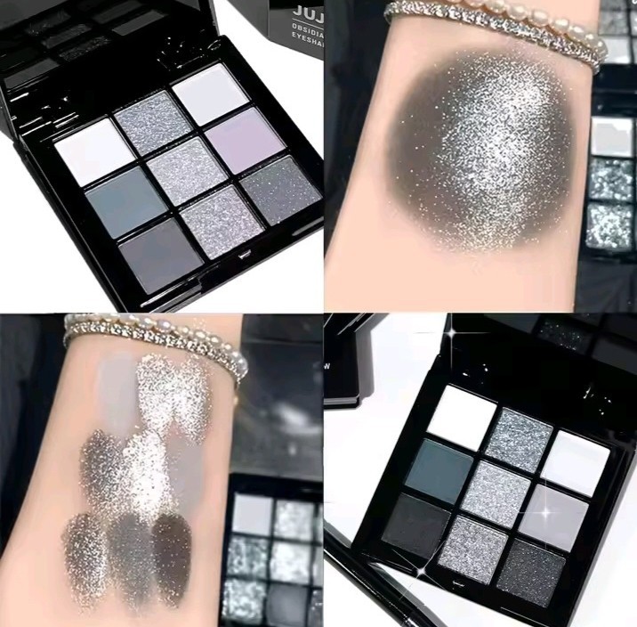 9-Color Black & Silver Smokey Eye Eyeshadow Palette | Matte & Glitter Makeup | L