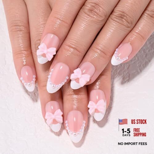 Summer Short Almond White French Tip 30 pieces (Pack of 1) 506-Short French Bow