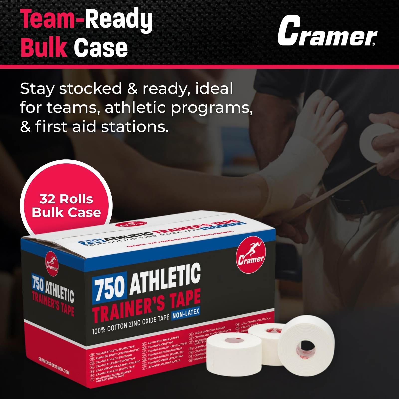 Cramer Team Color Athletic Tape, White, Latex-Free, 1.5 x 15yds, 32 Roll Bulk