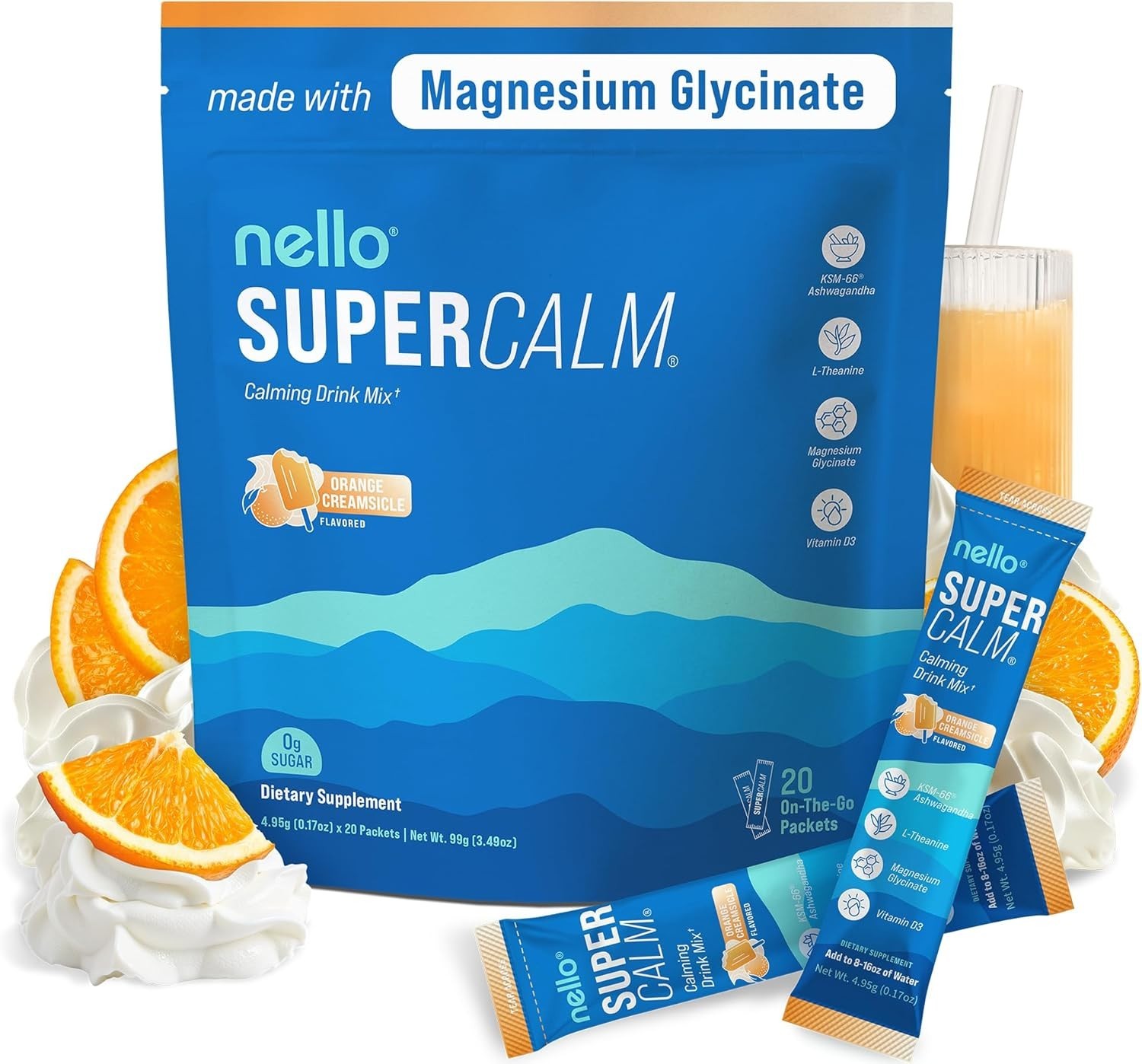 20 Packets NELLO Supercalm Powdered Drink Mix, Orange Creamsicle 3.5oz