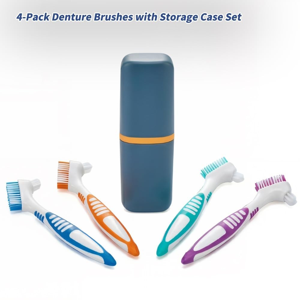 4Pcs Hard Double-Sided Denture Cleaning Brushes with Case for False Teeth Care