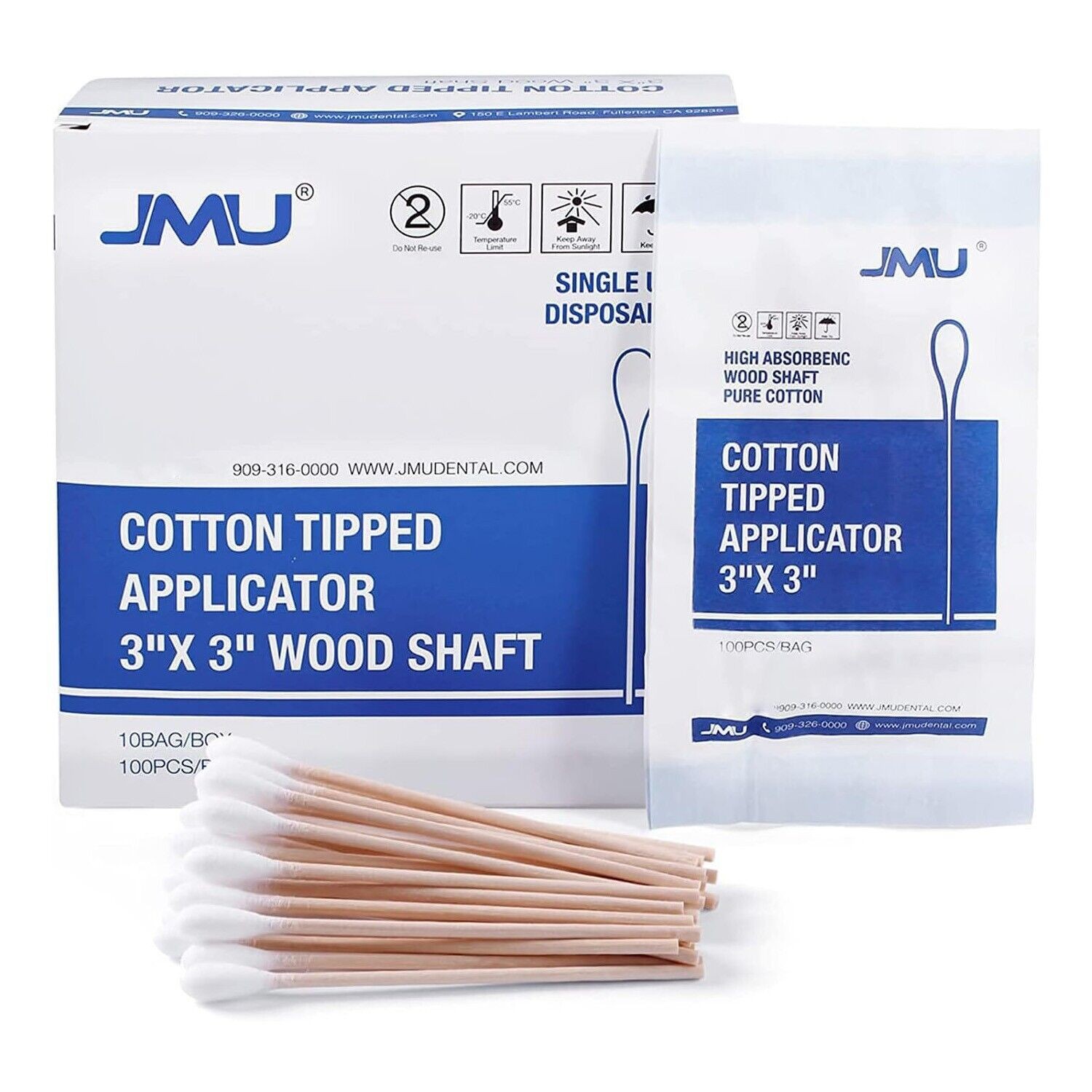 JMU 3″ Cotton Swabs Bamboo Wooden Handles Cotton Tipped Dental Applicator