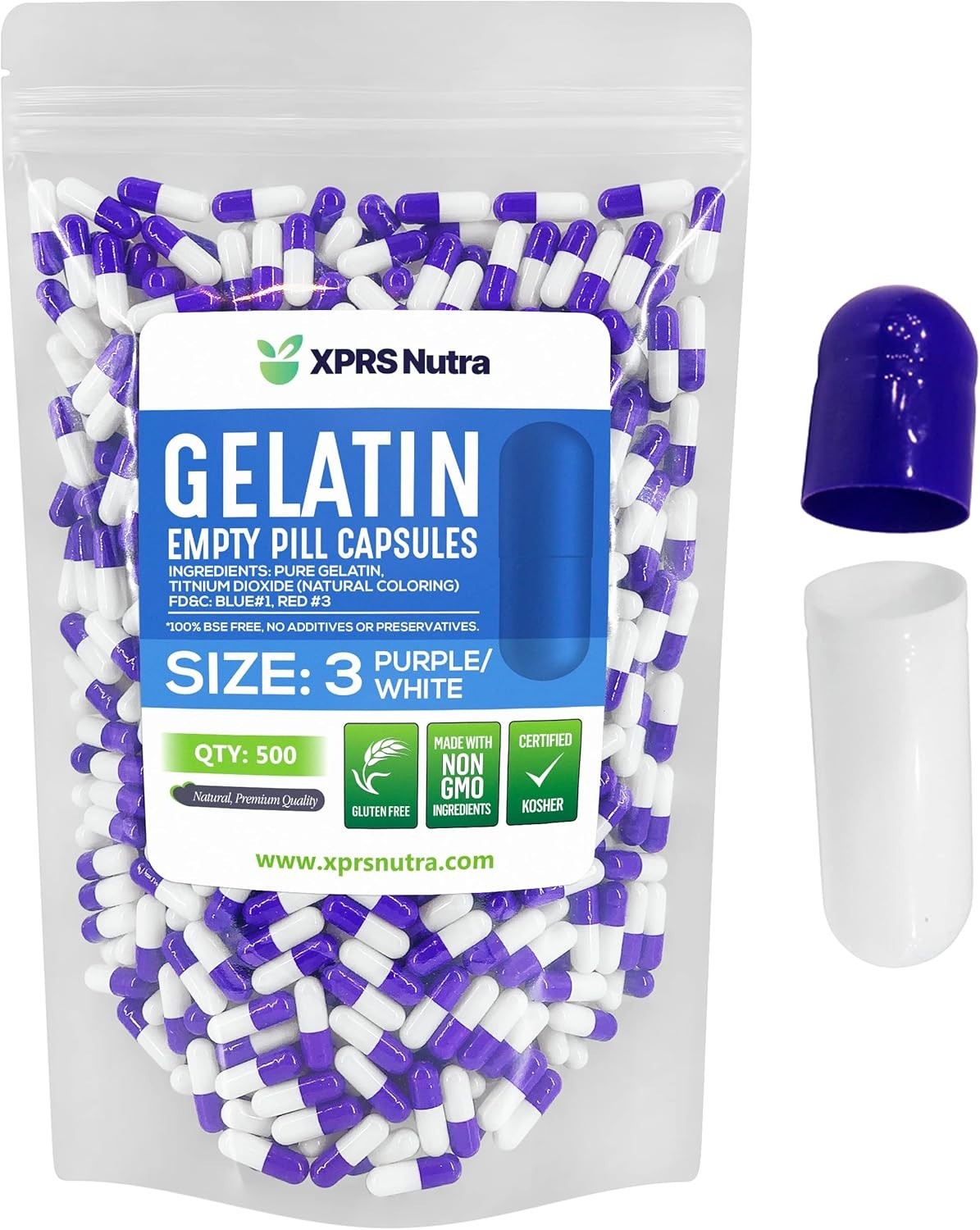 Size 3 Purple & White Empty Gelatin Pill Capsules Kosher Gel Caps Purple/White