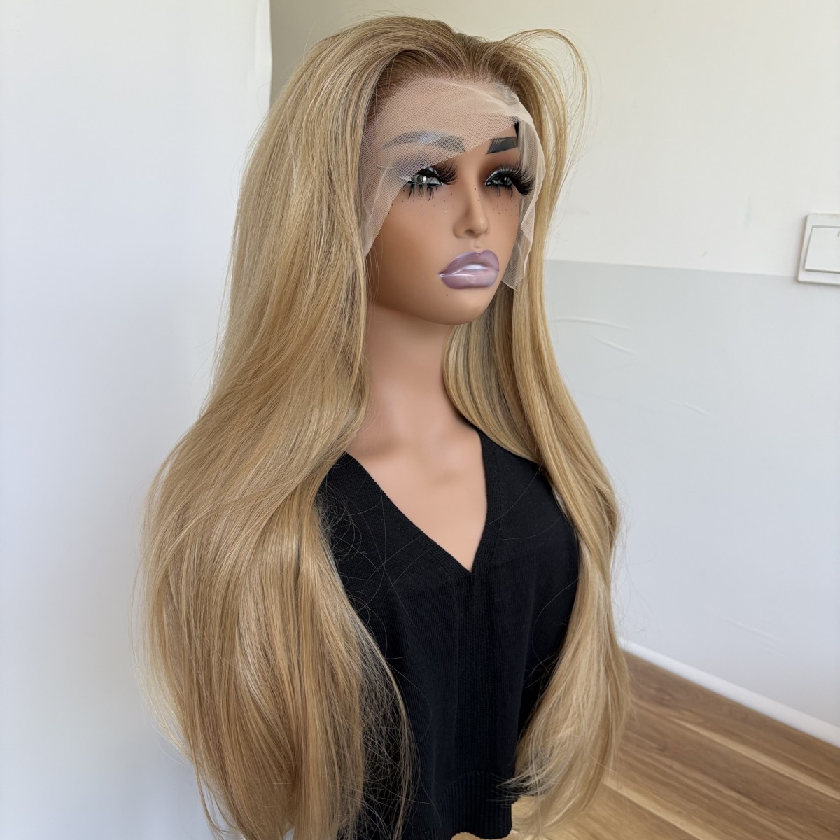 Long Straight Glue Less Lace Front Wig Natural Ash Blonde Synthetic Hair sOFT