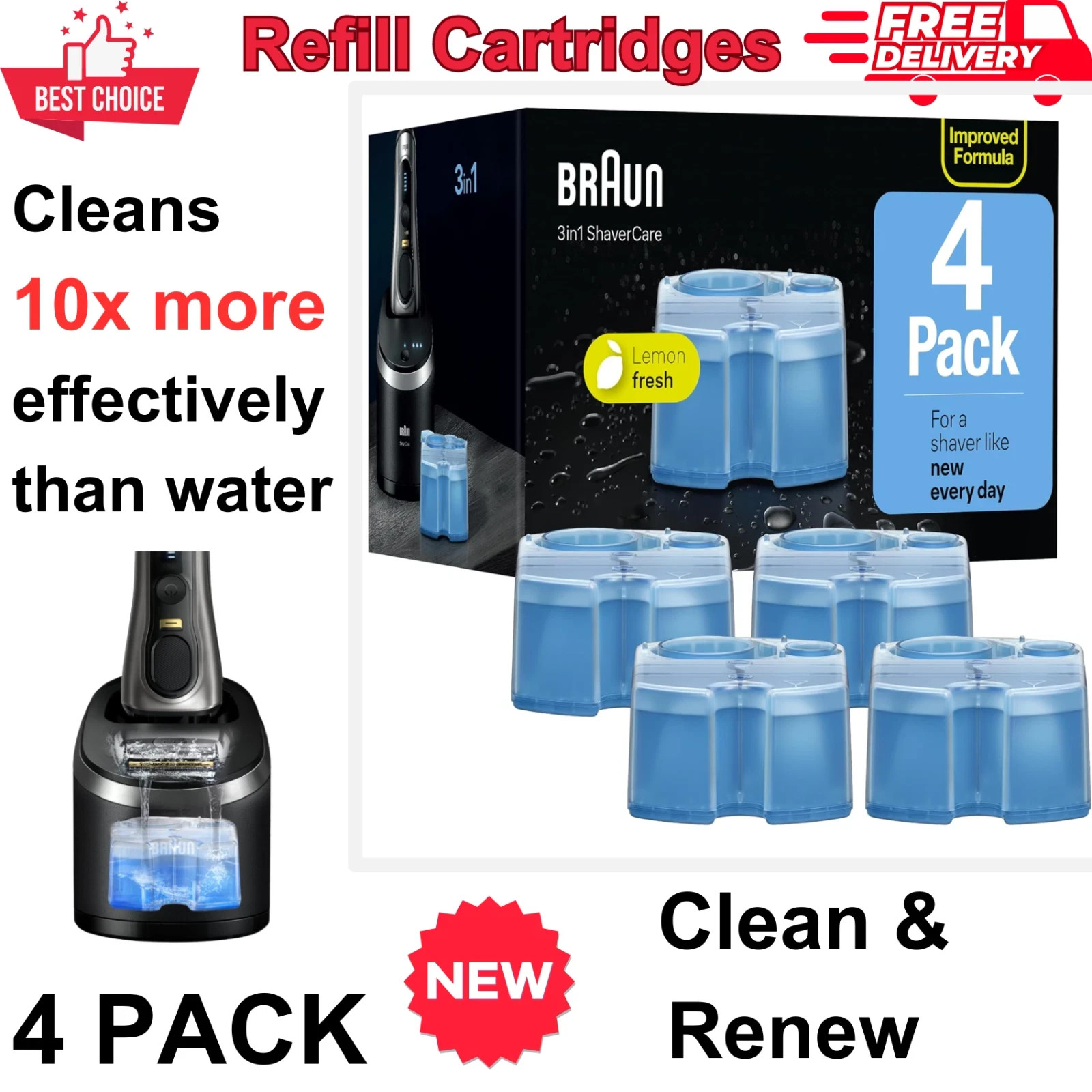 4 Pack Braun Clean Renew Cartridge Refills Shaver Cleaner CCR Lemon Fresh 22.8oz