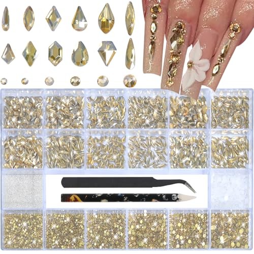 Nail Rhinestones – 3D Multiple Shape Size Gems, Champagne Gold, Manicure
