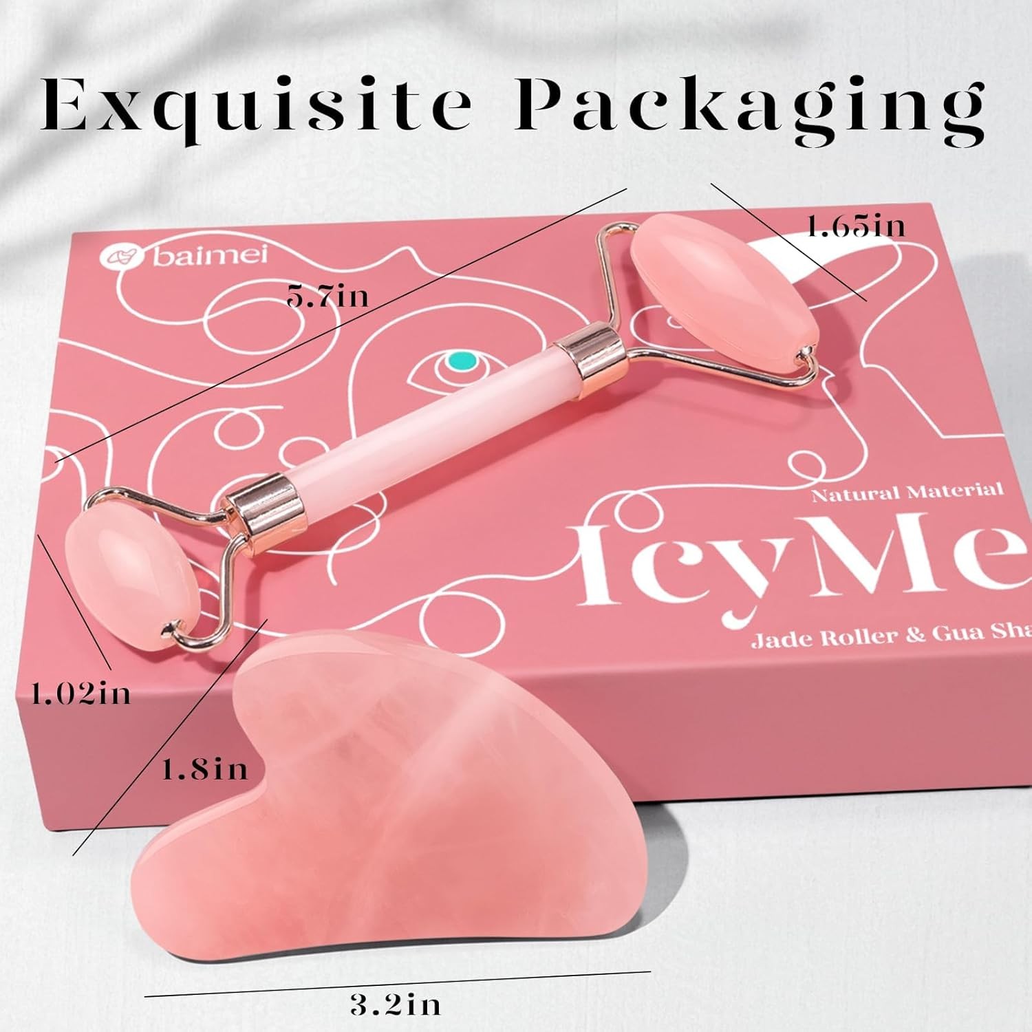 BAIMEI IcyMe Rose Quartz Roller & Gua Sha Set, Cooling Face Roller for Depuffing