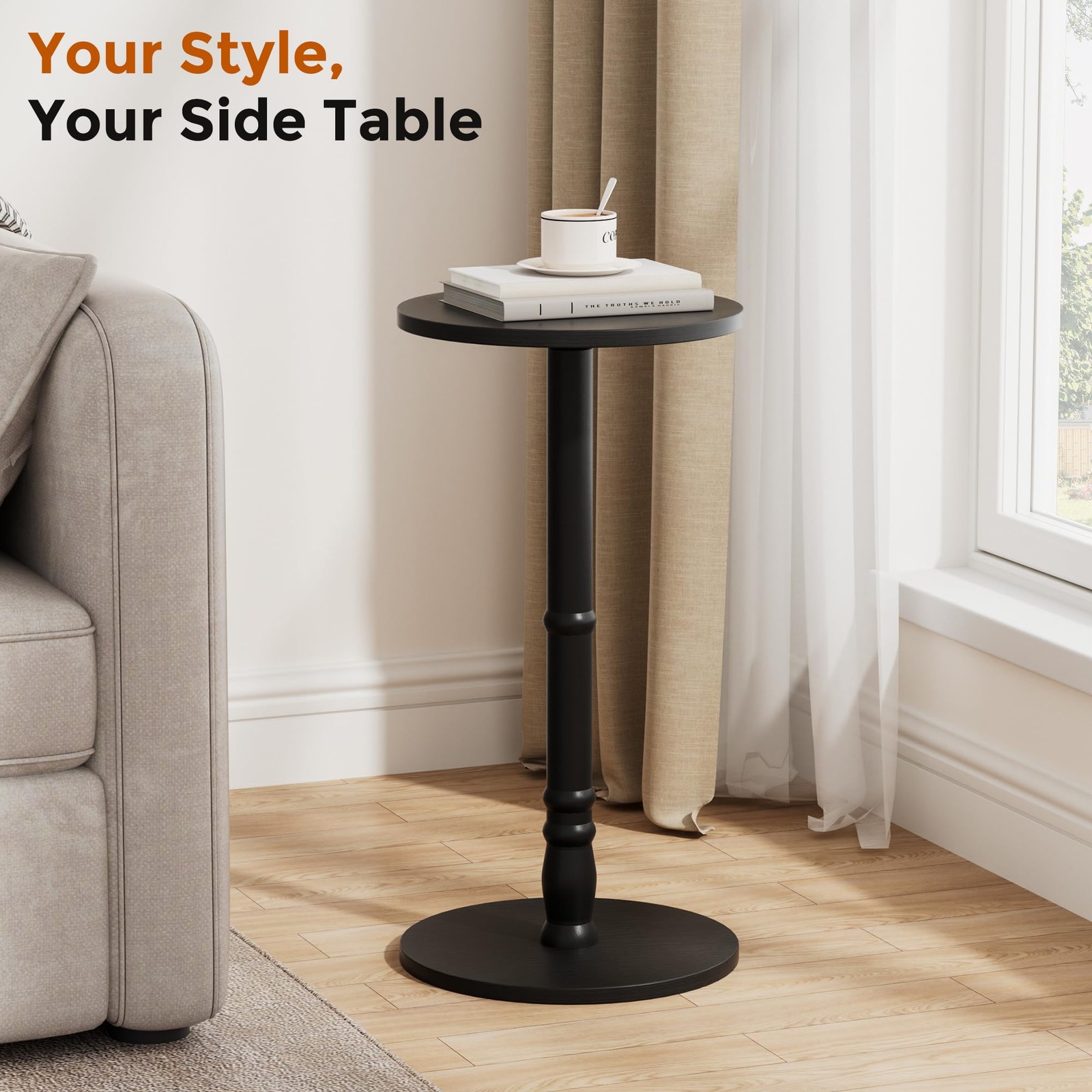 Homleke 12 Round Side Table Solid Wood Pillar Wood Top Base Small Drink Accent