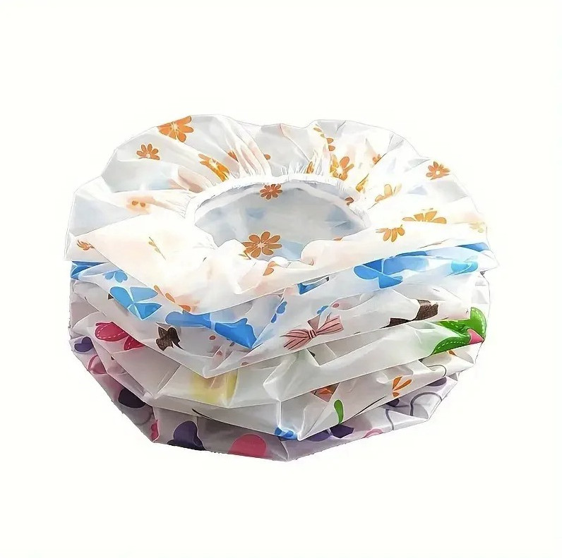 4pcs Adjustable Shower Caps Set – Reusable Printed Spa & Salon Hair Covers – NEW