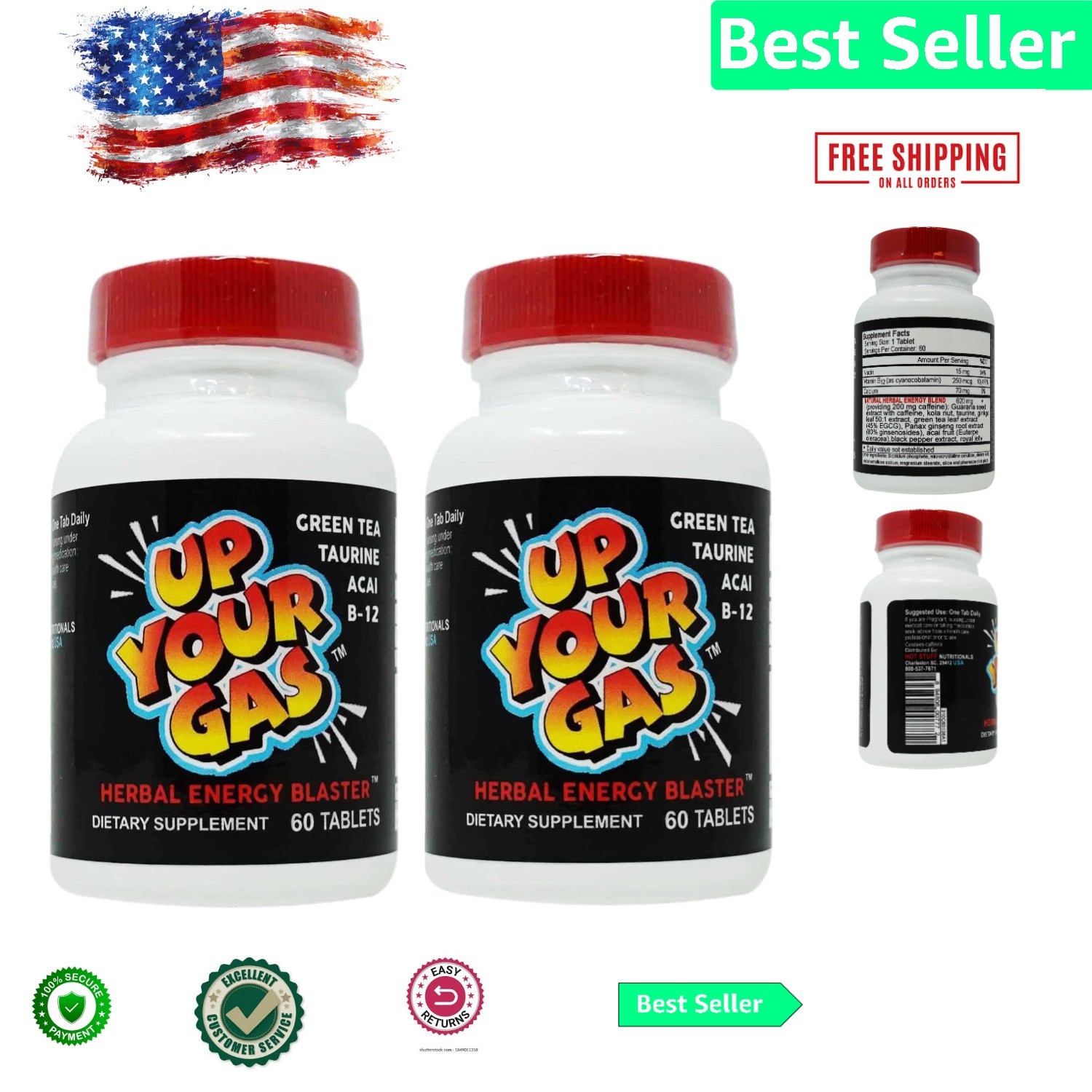 Up Your Gas Energy Tablets – Naturally Occurring Caffeine, 2 Bottles of 60
