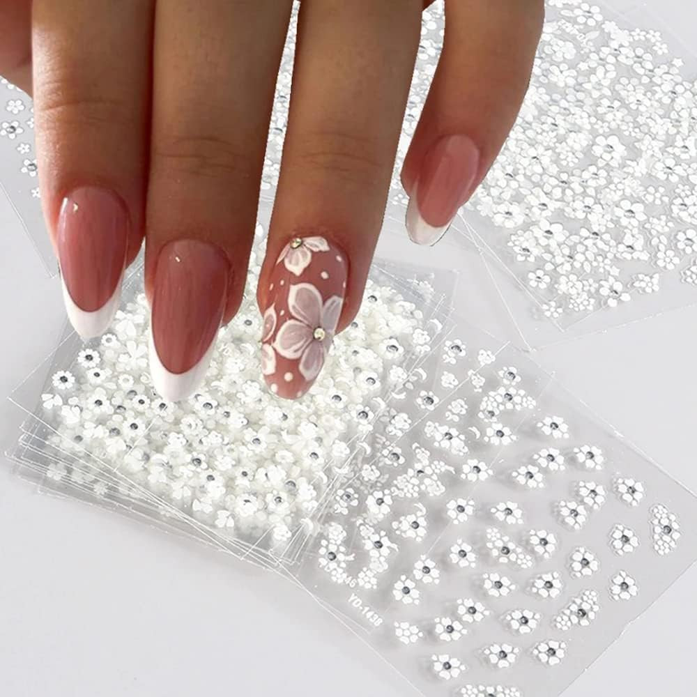 White Flower Nail Art Stickers White Flower with Rhinestones Nail Decals 3D Self