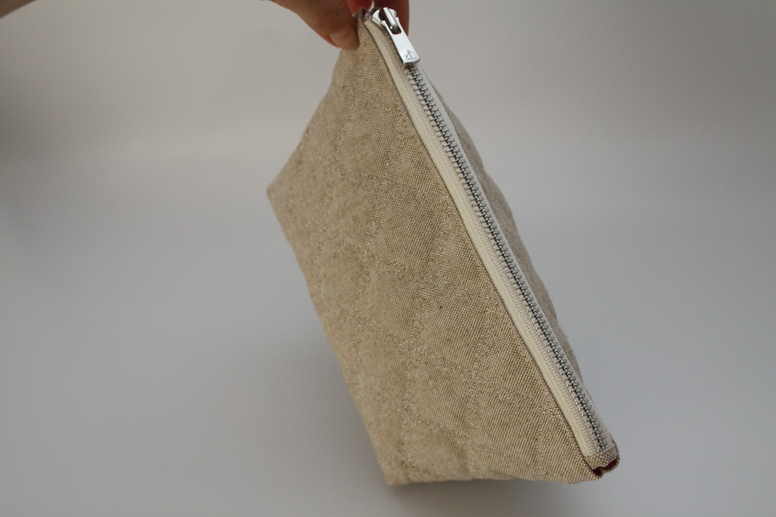 Unique Beige Cotton Makeup Pouch Natural Fabric Zip Top Cosmetic Bag.