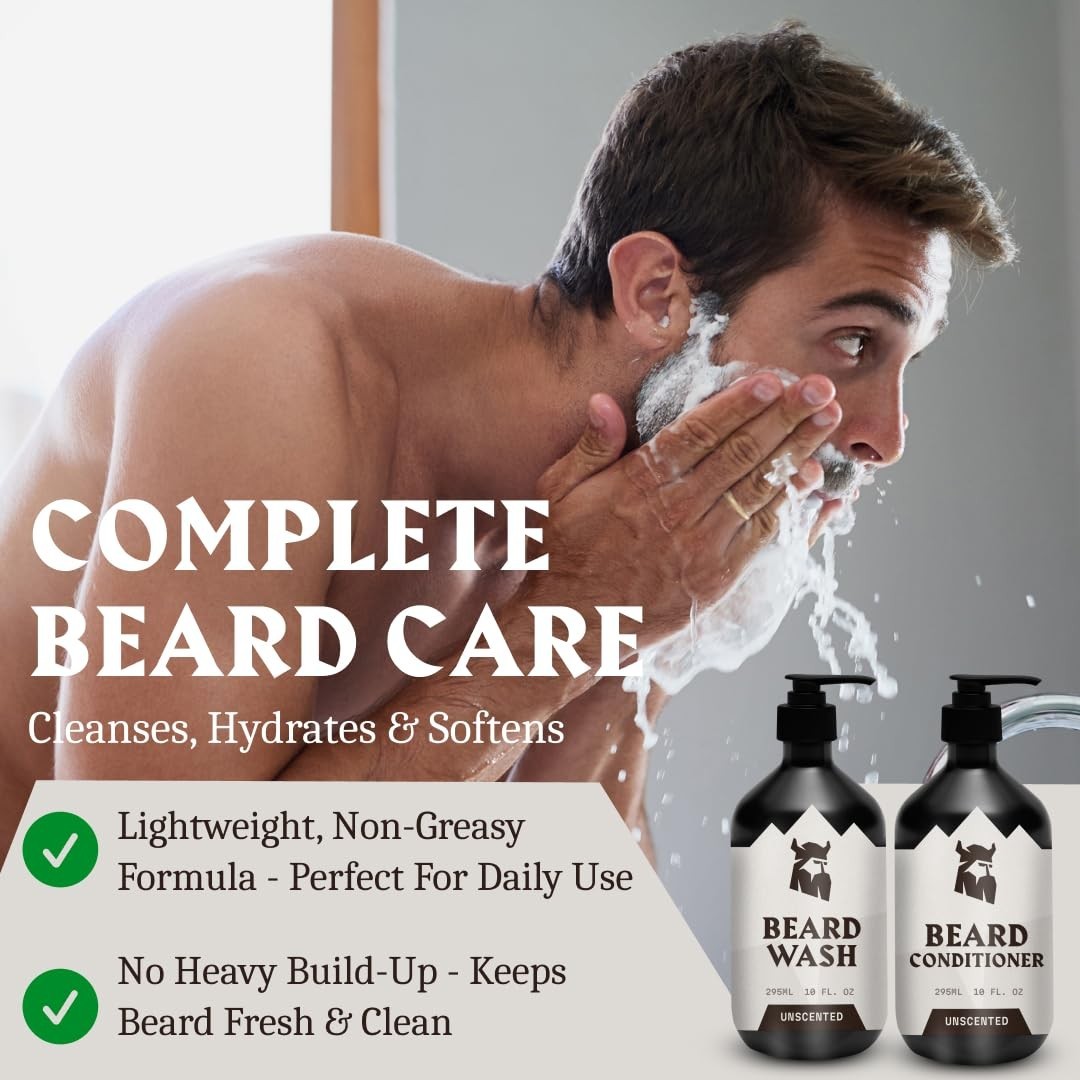 Unscented Beard Wash & Conditioner Pack of 2 – Deep Cleansing Oil, Jojoba Oil, I