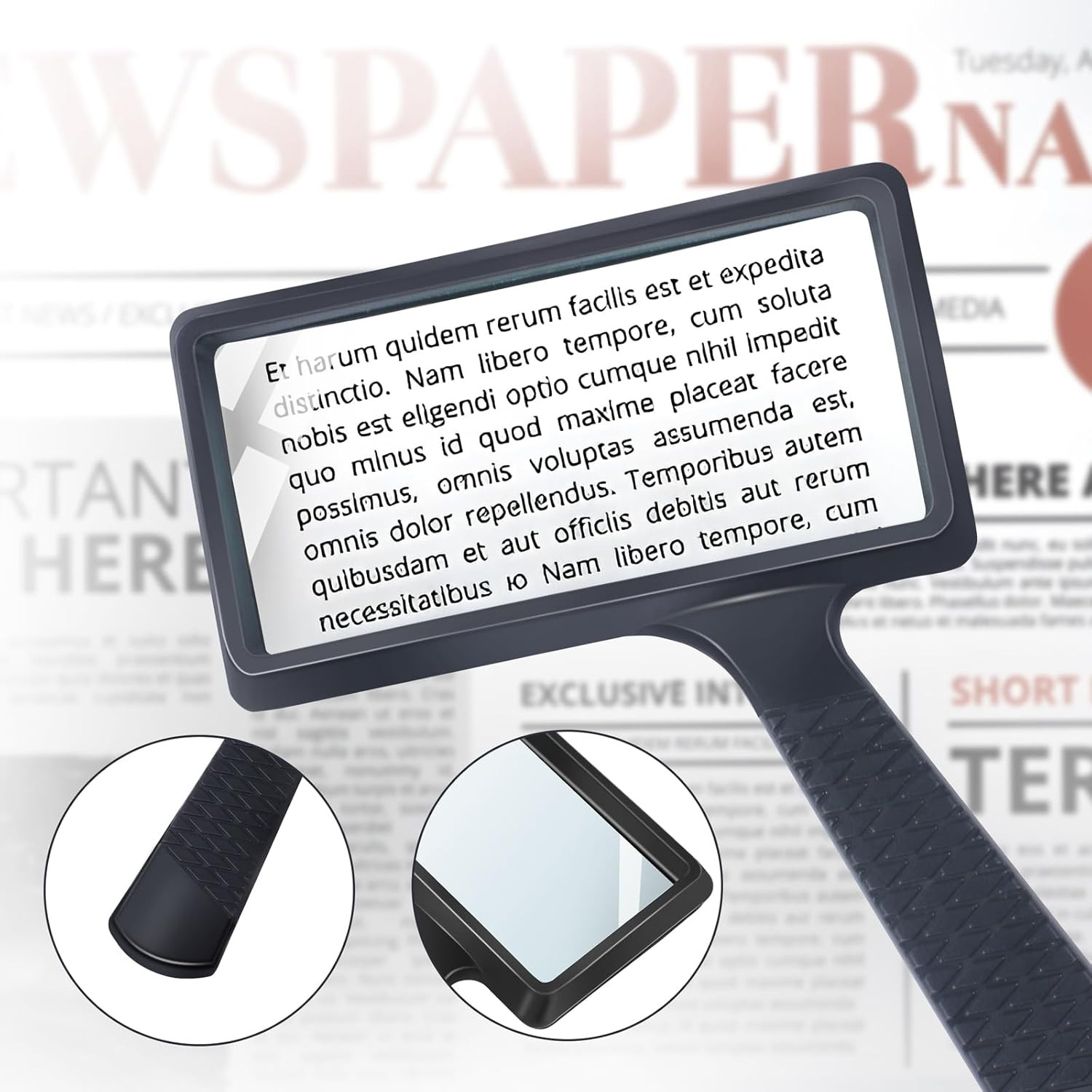 5X Rectangle Reading Magnifier, Large Handheld Magnifying Glass Scratch Resistan