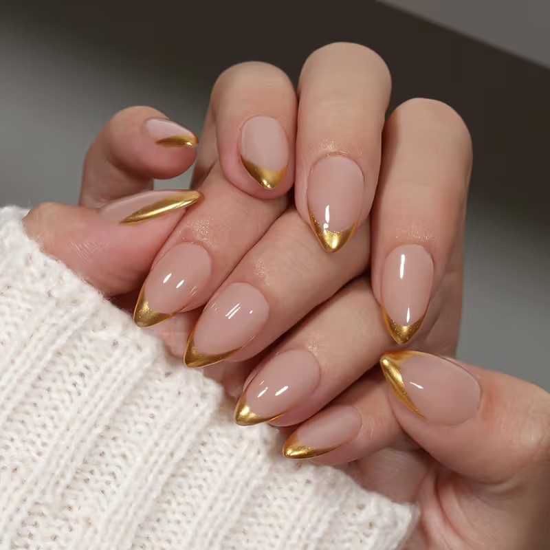 24pcs Short Almond Press-On Nails, Golden French Tip Glossy, Parties, Events