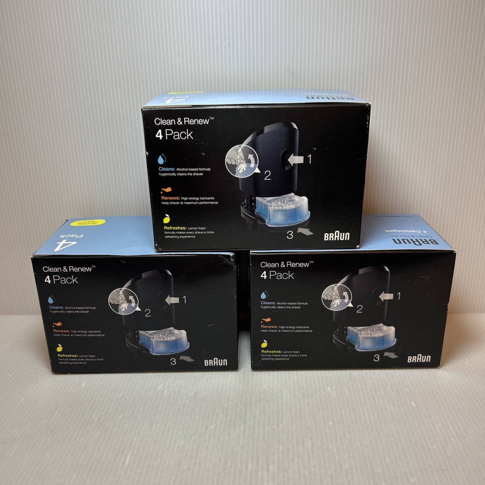 3 Genuine Braun Shaving Station Clean & Renew Refill Cartridges 4 Pk Lemon-Fresh