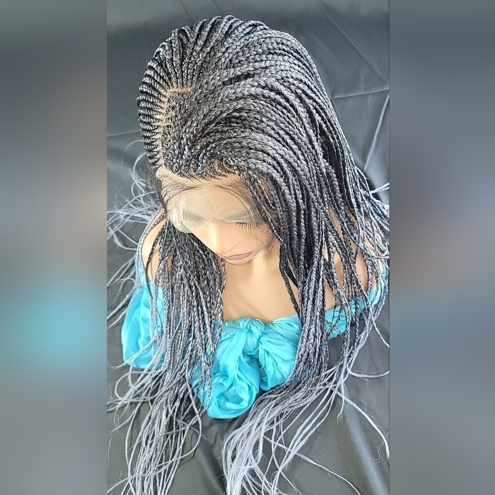 Braided Wig Micro Braids Lace Front Glueless 26in Silver Black Ombre Handmade
