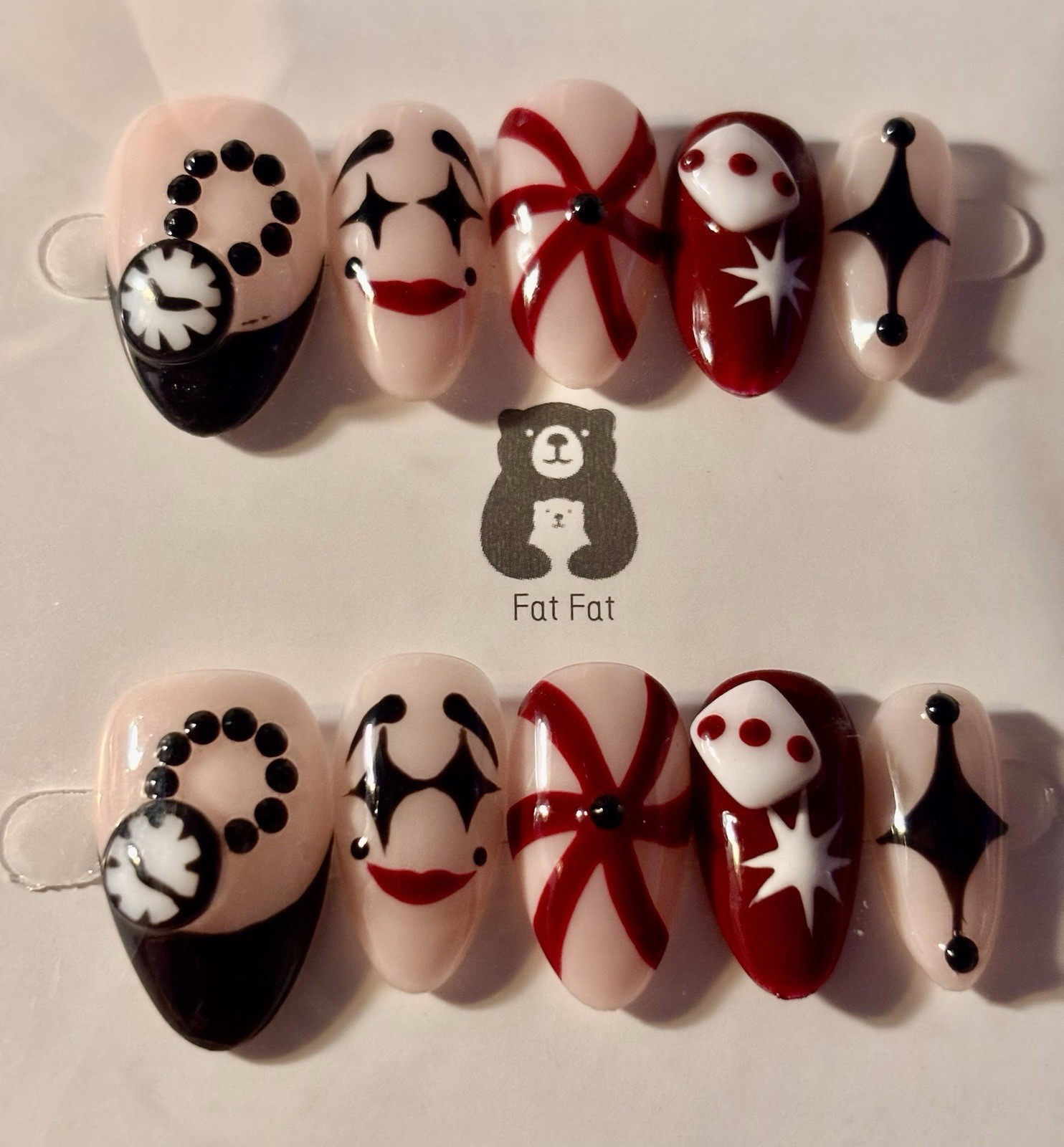 Red/Black/White/Pink 3D Press-On Nails Long Oval Geometric medium size